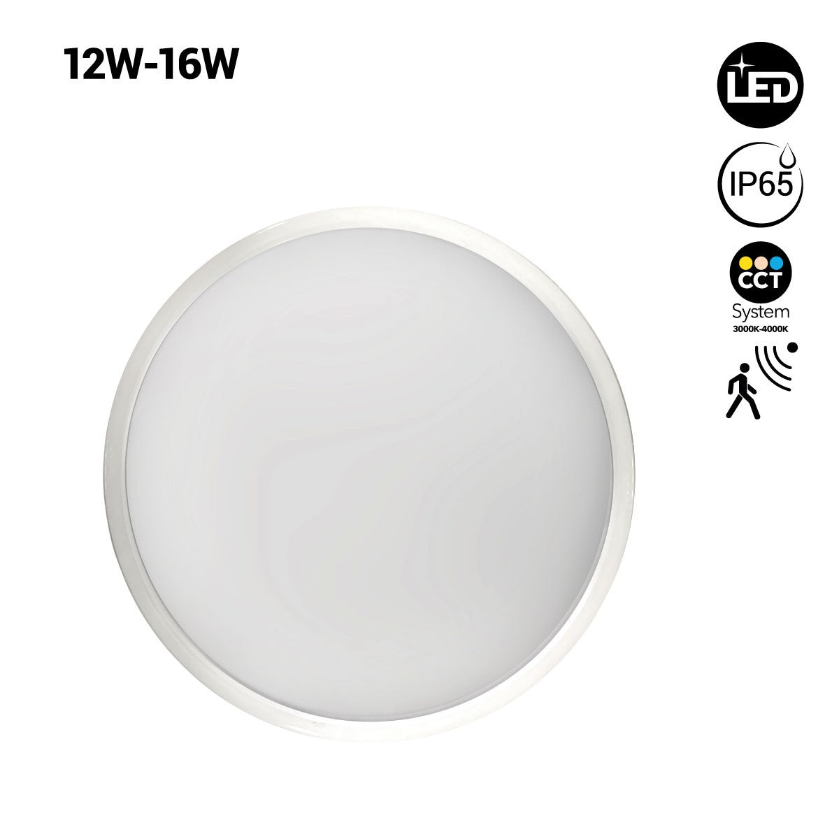 Plafón LED con sensor de movimiento estanco - CCT - Potencia ajustable 12W-16W - Ø30cm - IP65