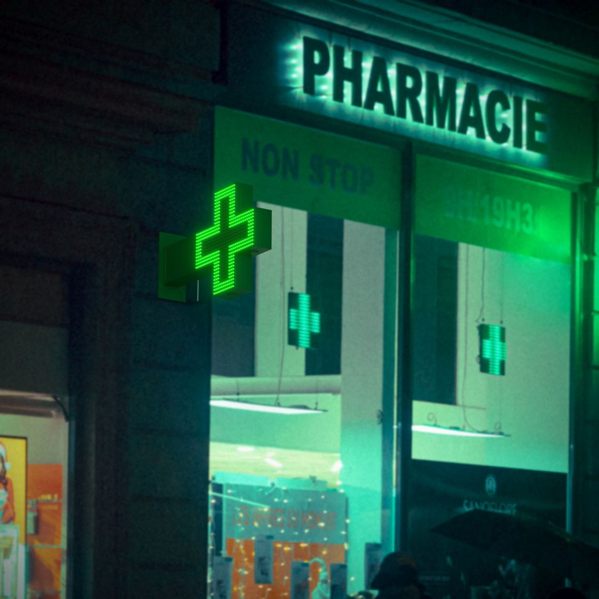 Cruz de farmacia LED monocolor verde - 50x50cm - Doble cara - Exterior