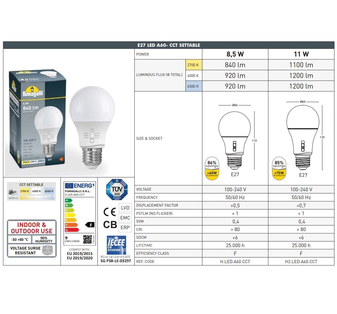 Bombilla LED E27 A60 - 11W - CCT - Fumagalli