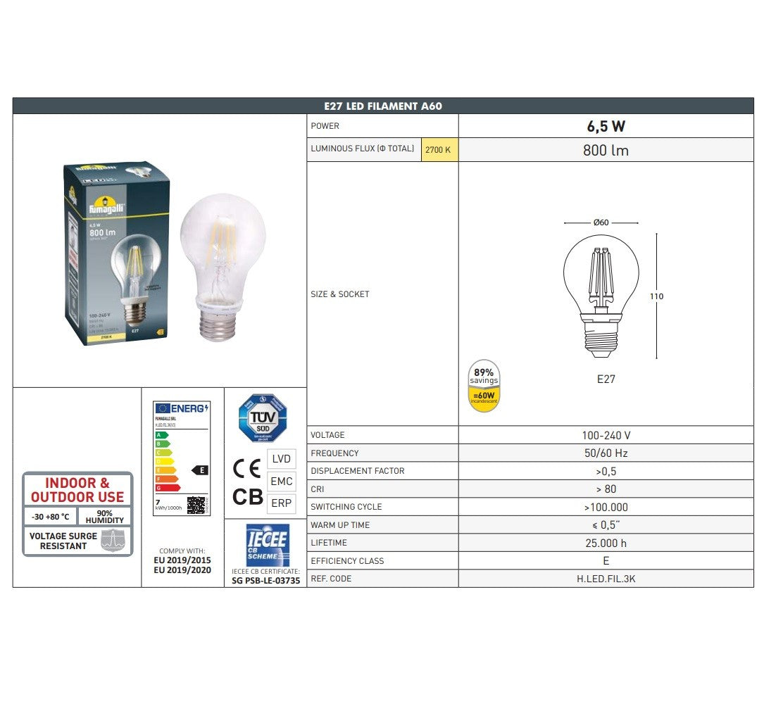 Bombilla LED filamento E27 - 6,5W - Fumagalli - 2700K