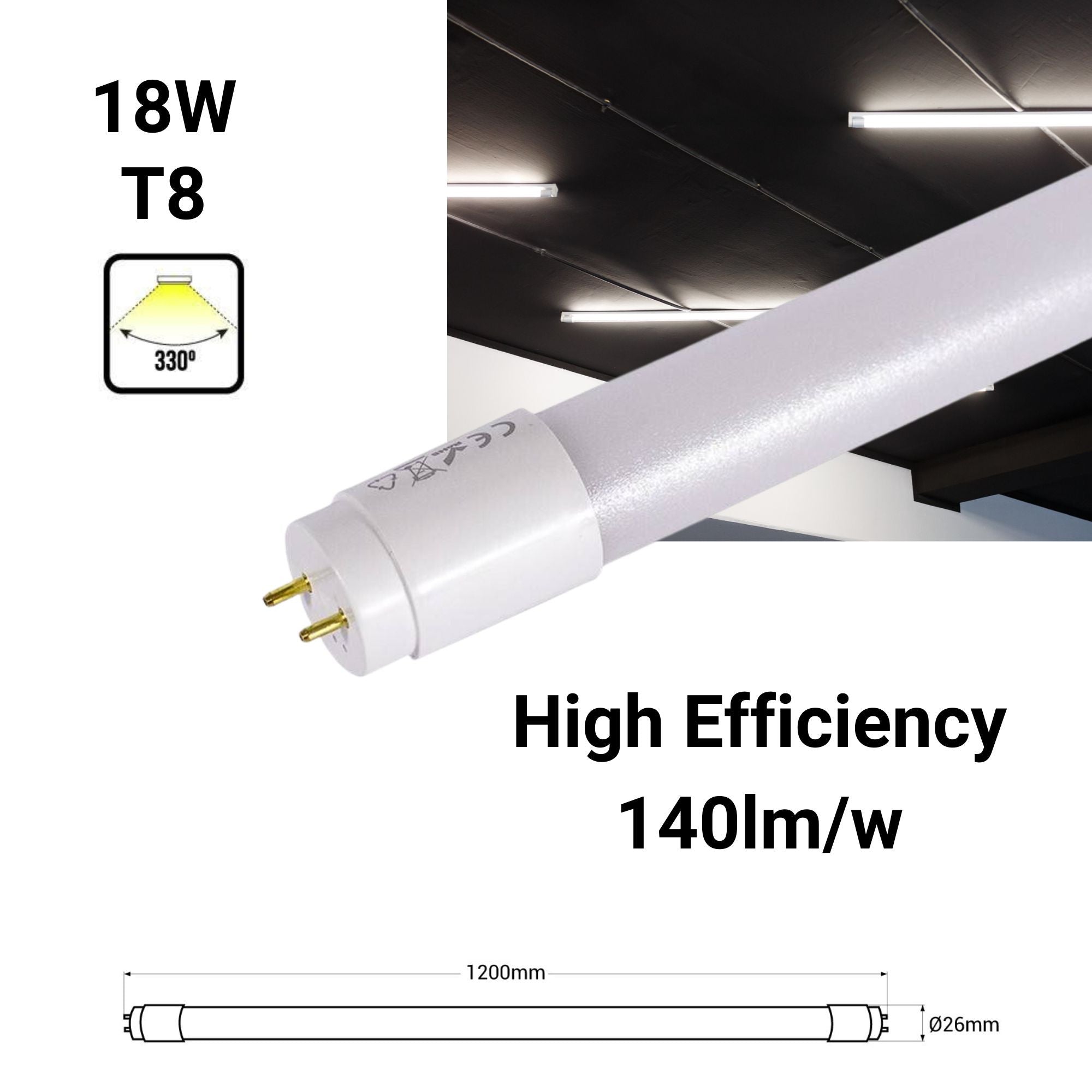 Tubo LED 120cm T8 - 18W - 140lm/W