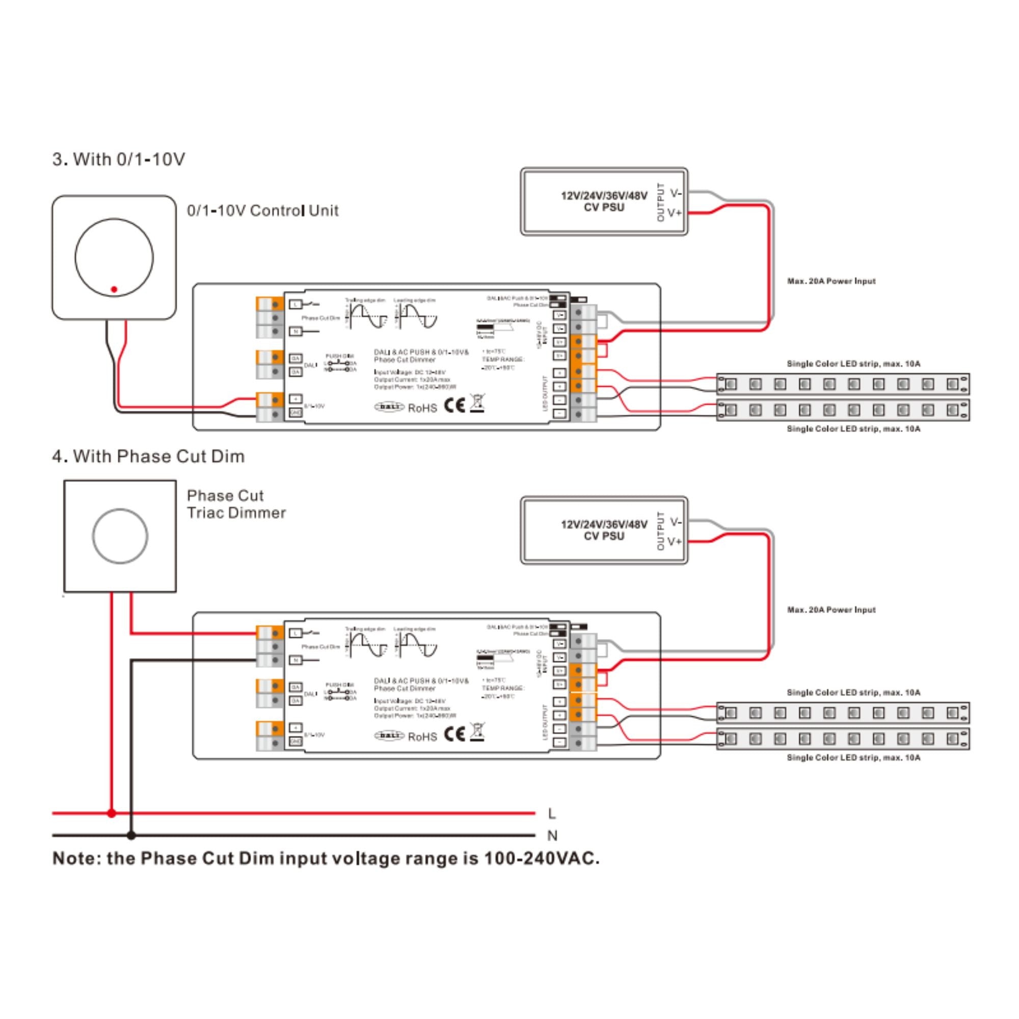 Controlador LED 4 en 1 - 12-48V DC - TRIAC + 0/1-10V + DALI + PUSH