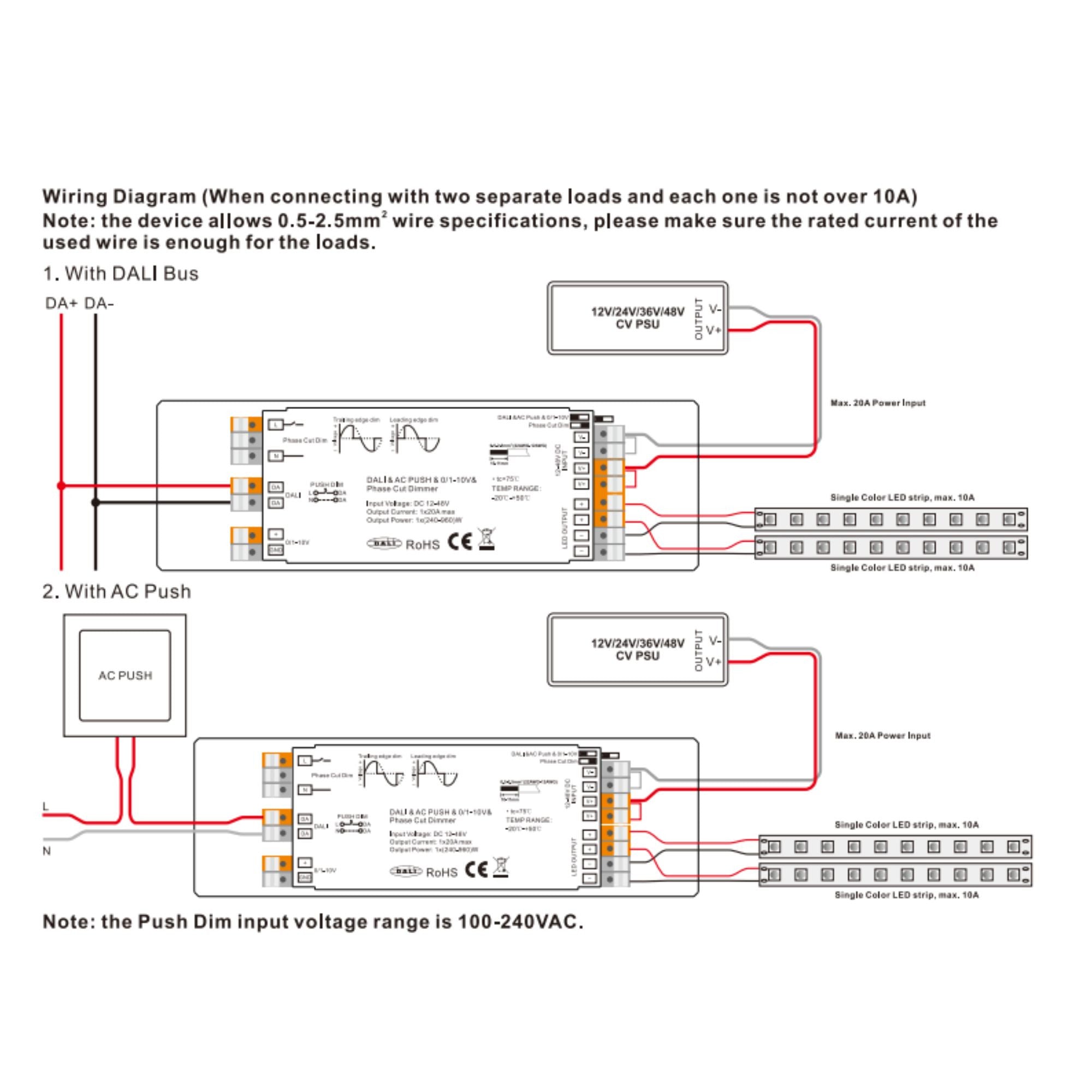Controlador LED 4 en 1 - 12-48V DC - TRIAC + 0/1-10V + DALI + PUSH