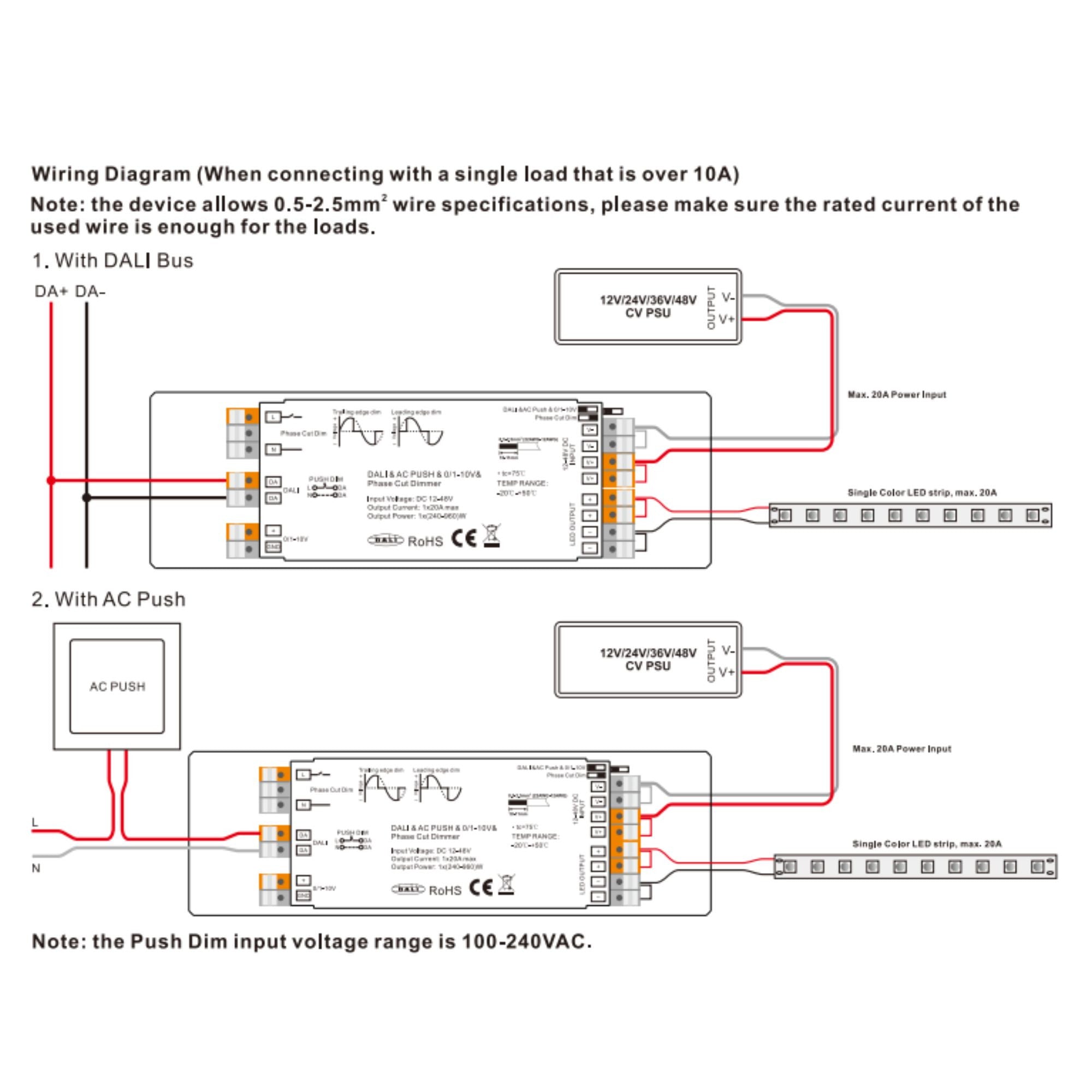 Controlador LED 4 en 1 - 12-48V DC - TRIAC + 0/1-10V + DALI + PUSH