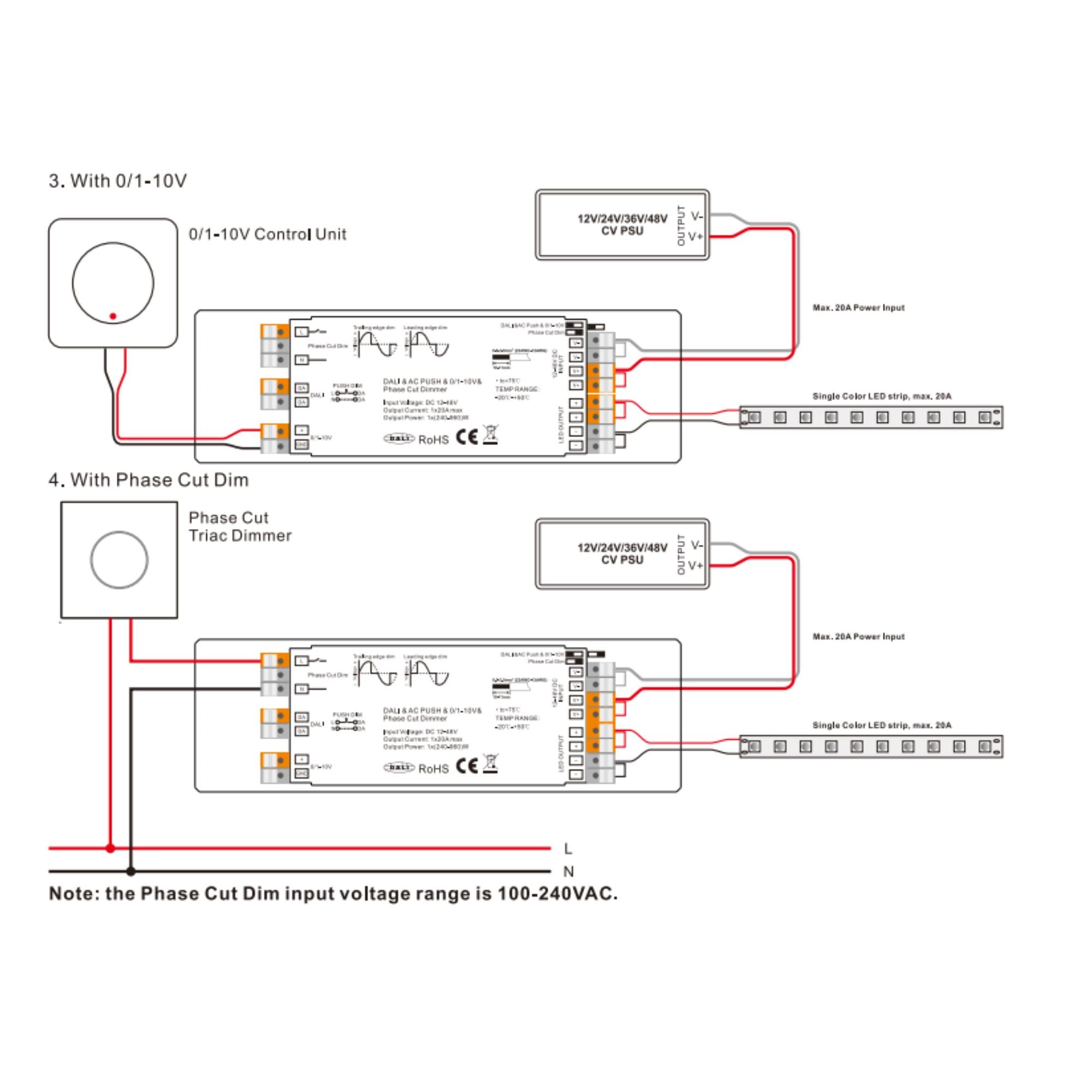 Controlador LED 4 en 1 - 12-48V DC - TRIAC + 0/1-10V + DALI + PUSH
