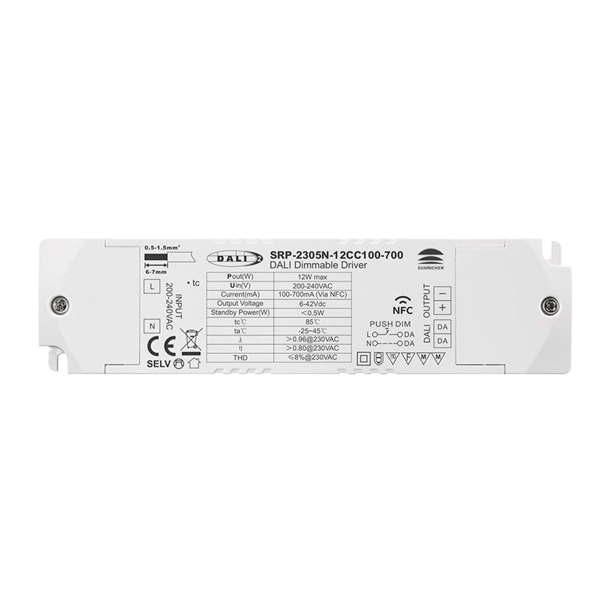 Driver regulable DALI DT6 monocolor 220-240V - Salida 6-42V DC - 100-700mA - 12W