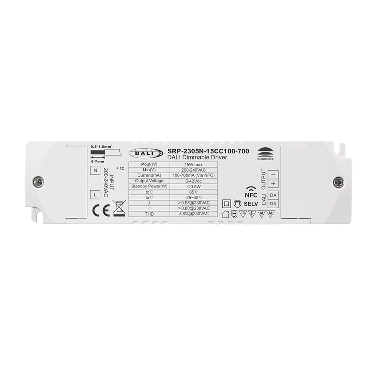 Driver regulable DALI DT6 monocolor 220-240V - Salida 6-42V DC - 100-700mA - 15W