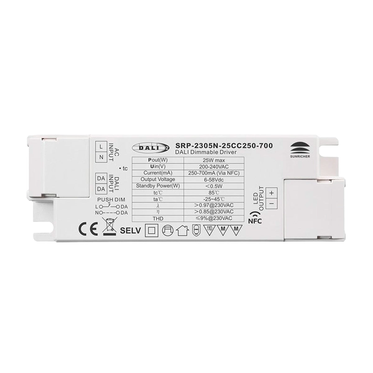 Driver regulable DALI DT6 monocolor 220-240V - Salida 6-58V DC - 250-700mA - 25W