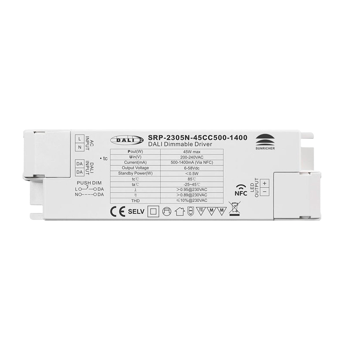 Driver regulable DALI DT6 monocolor 220-240V - Salida 6-58V DC - 500-1400mA - 45W