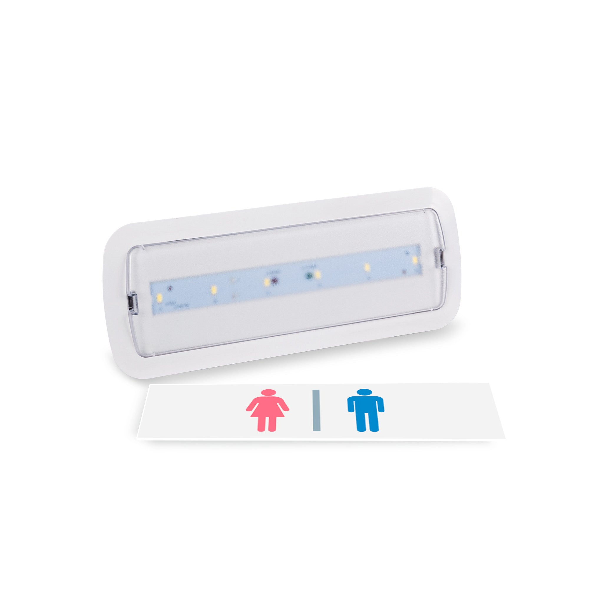 KIT pictograma autodhesivo "Baños" + Luz de emergencia permanente