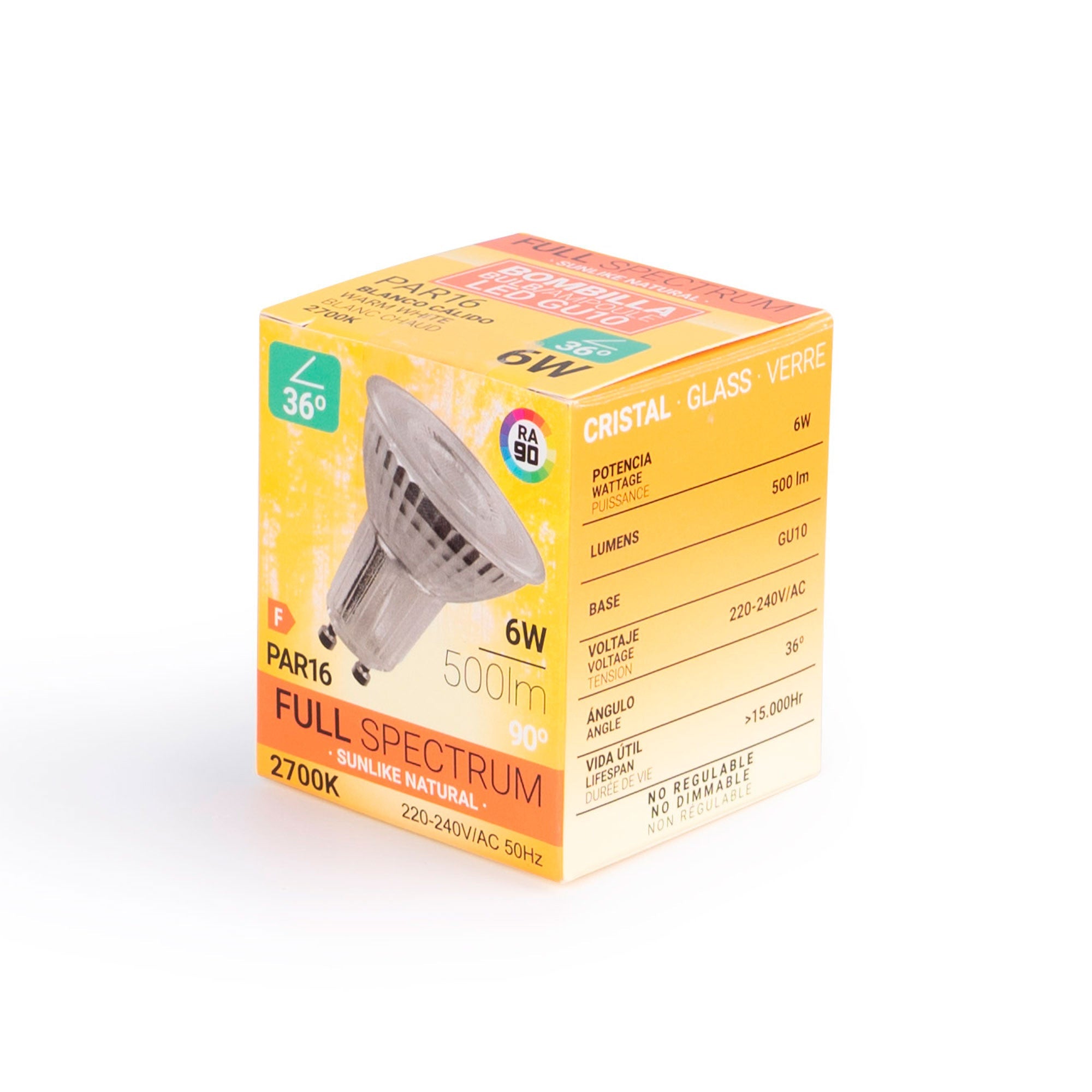 Bombilla LED GU10 6W Full Spectrum "SUNLIKE" - Cristal - 500lm - CRI90 - PAR16 - 36°