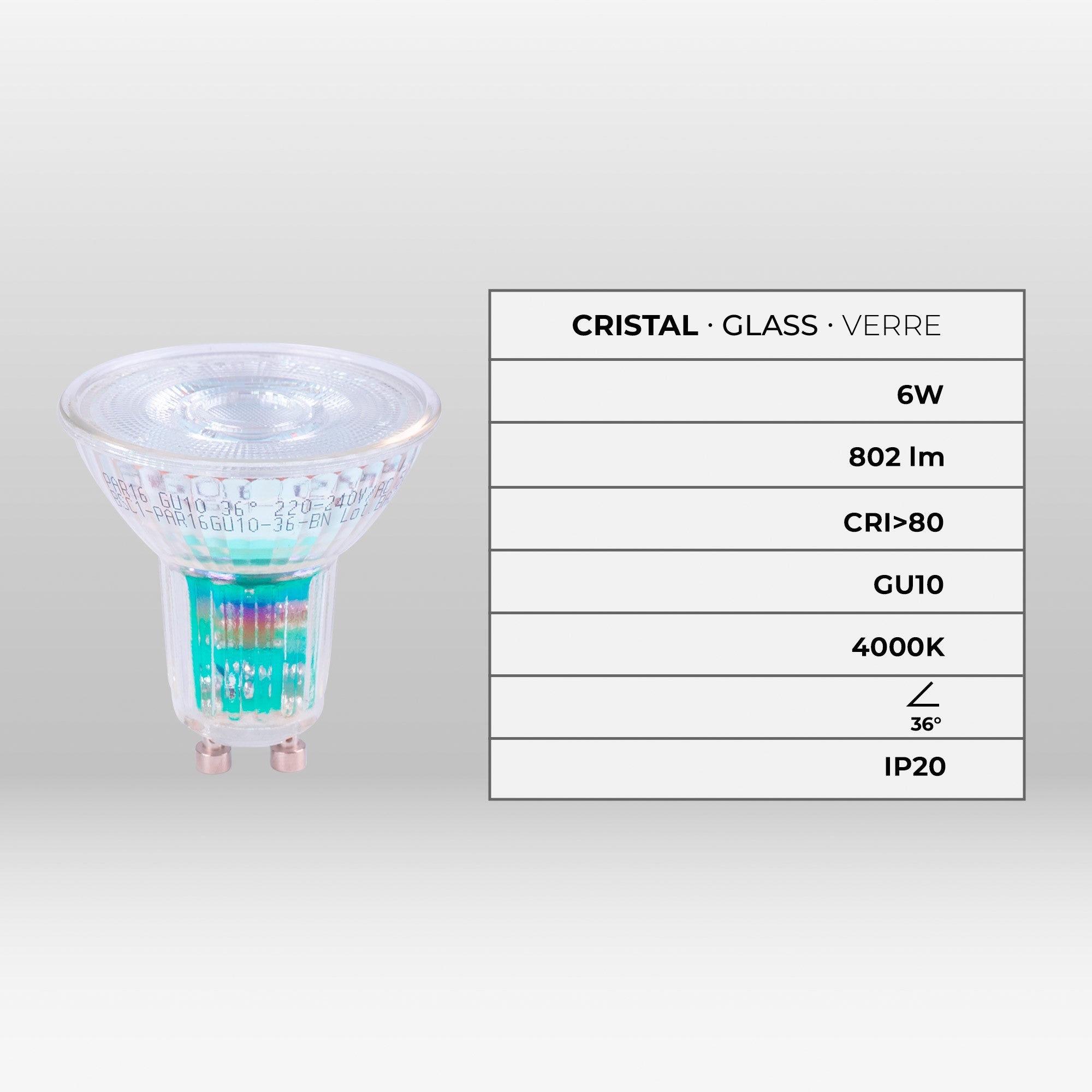 Bombilla LED GU10 6W cristal - 130lm/W - PAR16 - 36°
