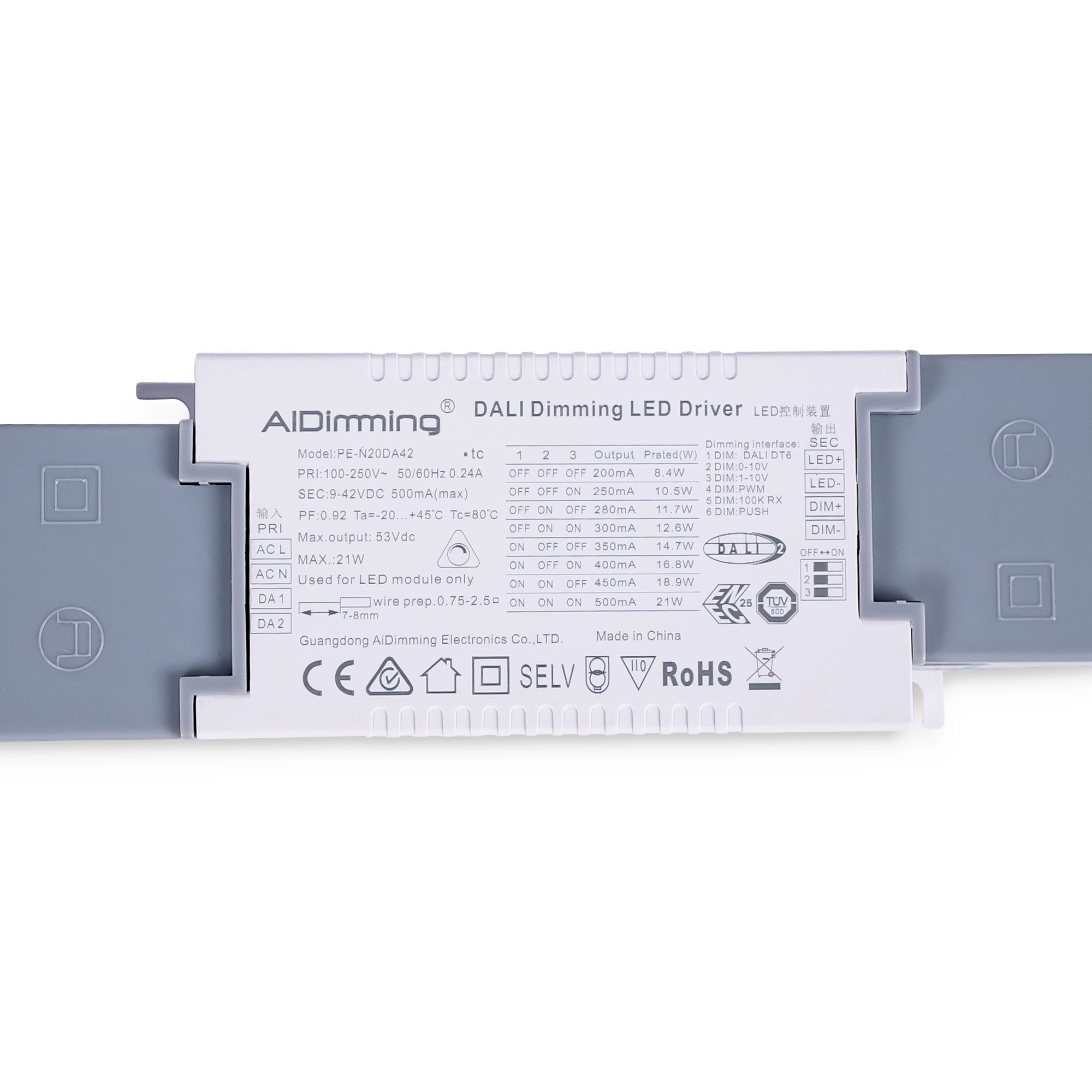 Driver regulable DALI + 1/0-10V + PUSH - 9-42V DC - Multicorriente (200-500mA)