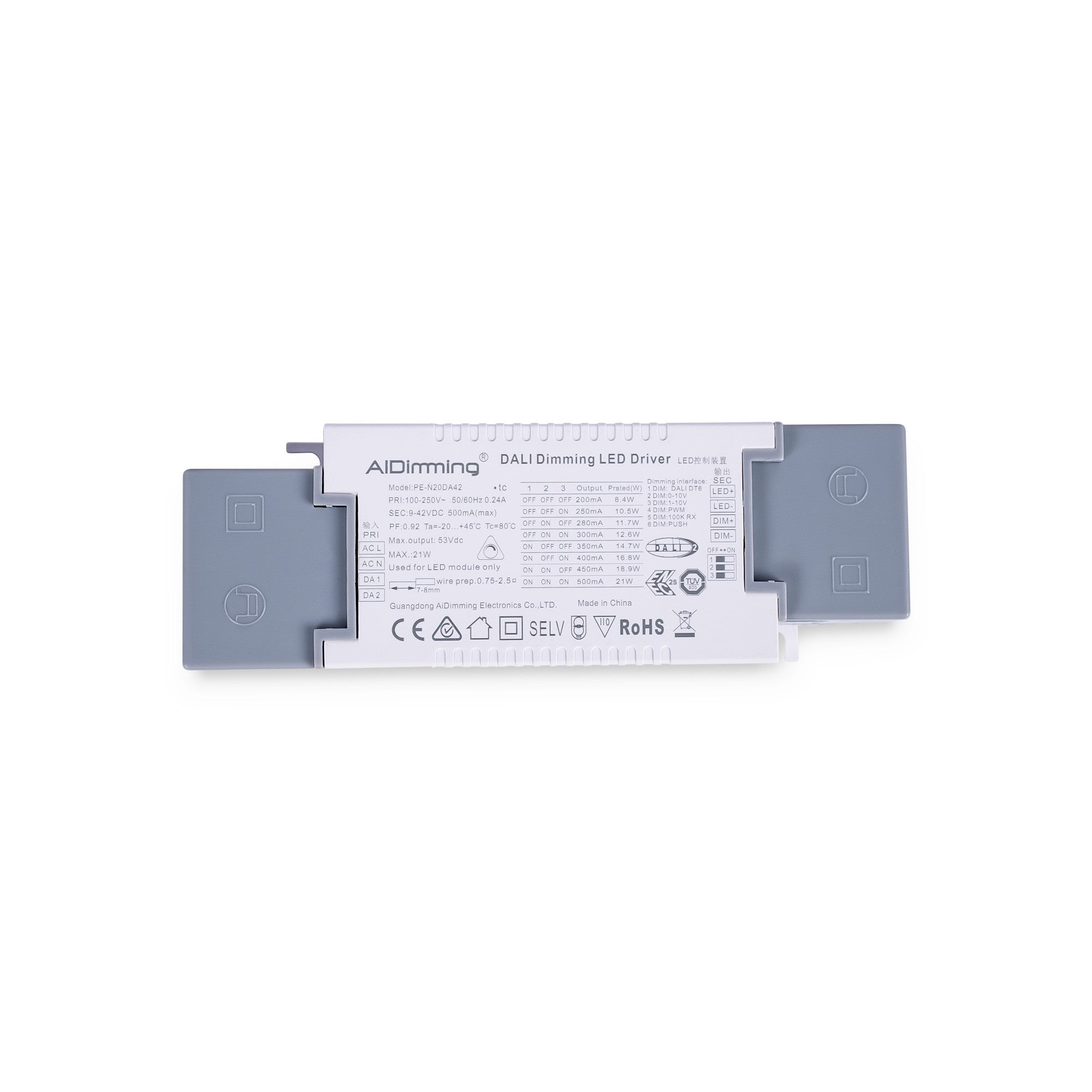 Driver regulable DALI + 1/0-10V + PUSH - 9-42V DC - Multicorriente (200-500mA)