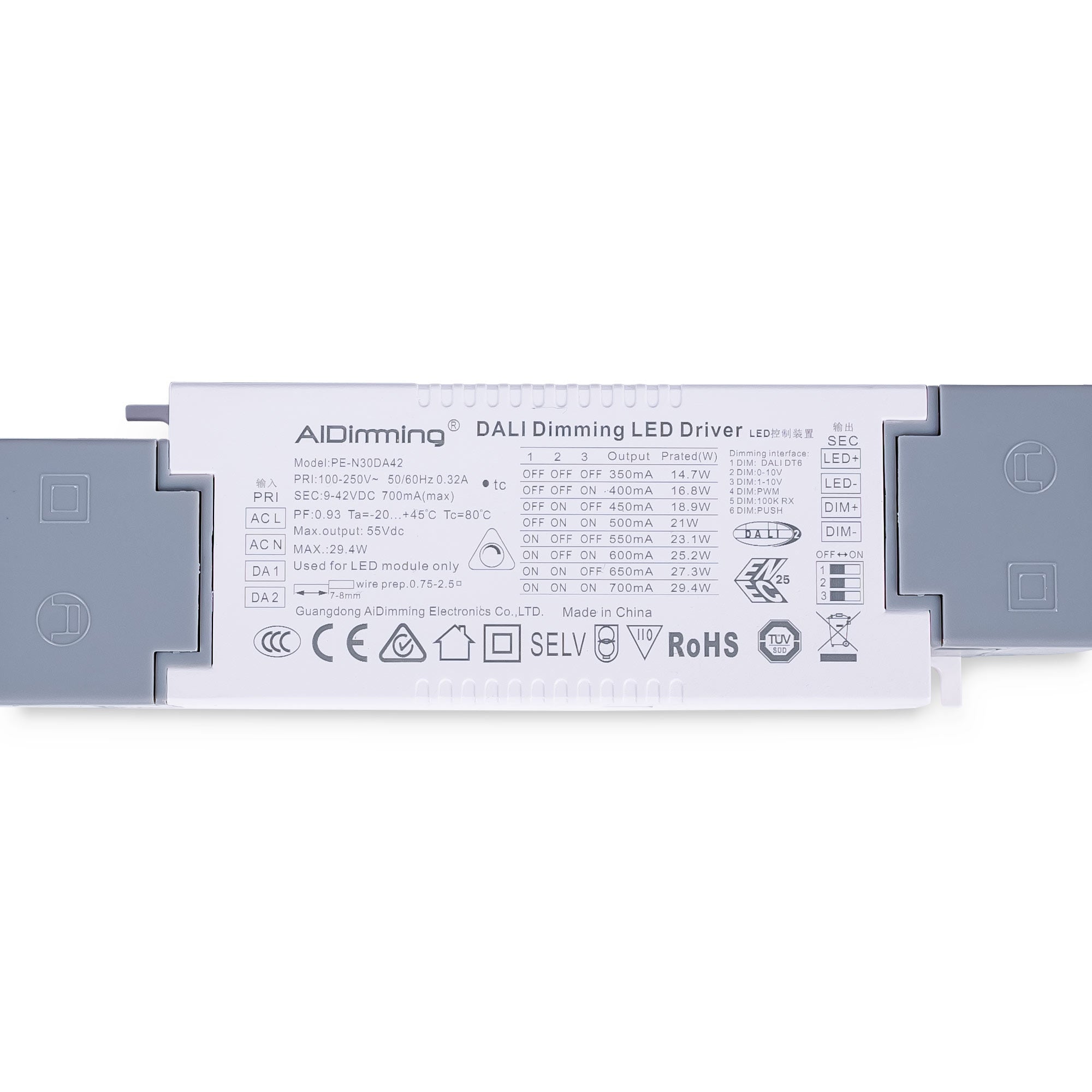 Driver regulable DALI + 1/0-10V + PUSH - 9-42V DC - Multicorriente (350-700mA)