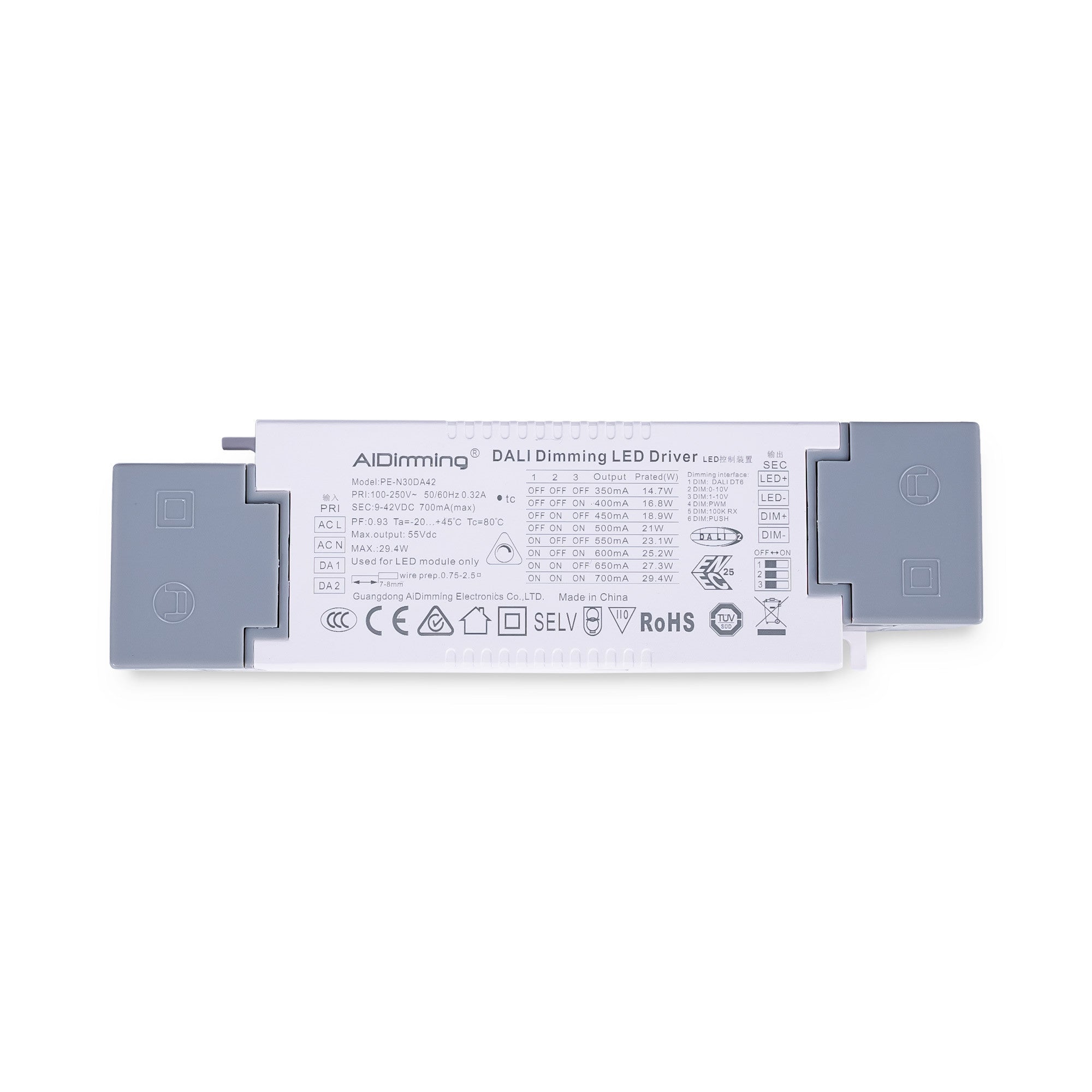 Driver regulable DALI + 1/0-10V + PUSH - 9-42V DC - Multicorriente (350-700mA)