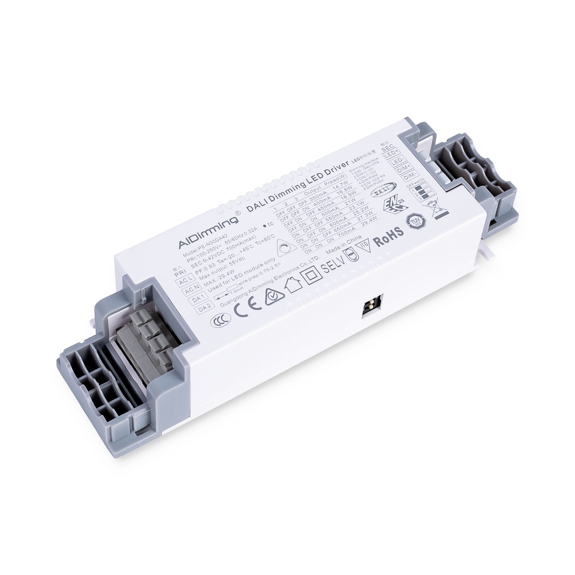 Driver regulable DALI + 1/0-10V + PUSH - 9-42V DC - Multicorriente (350-700mA)