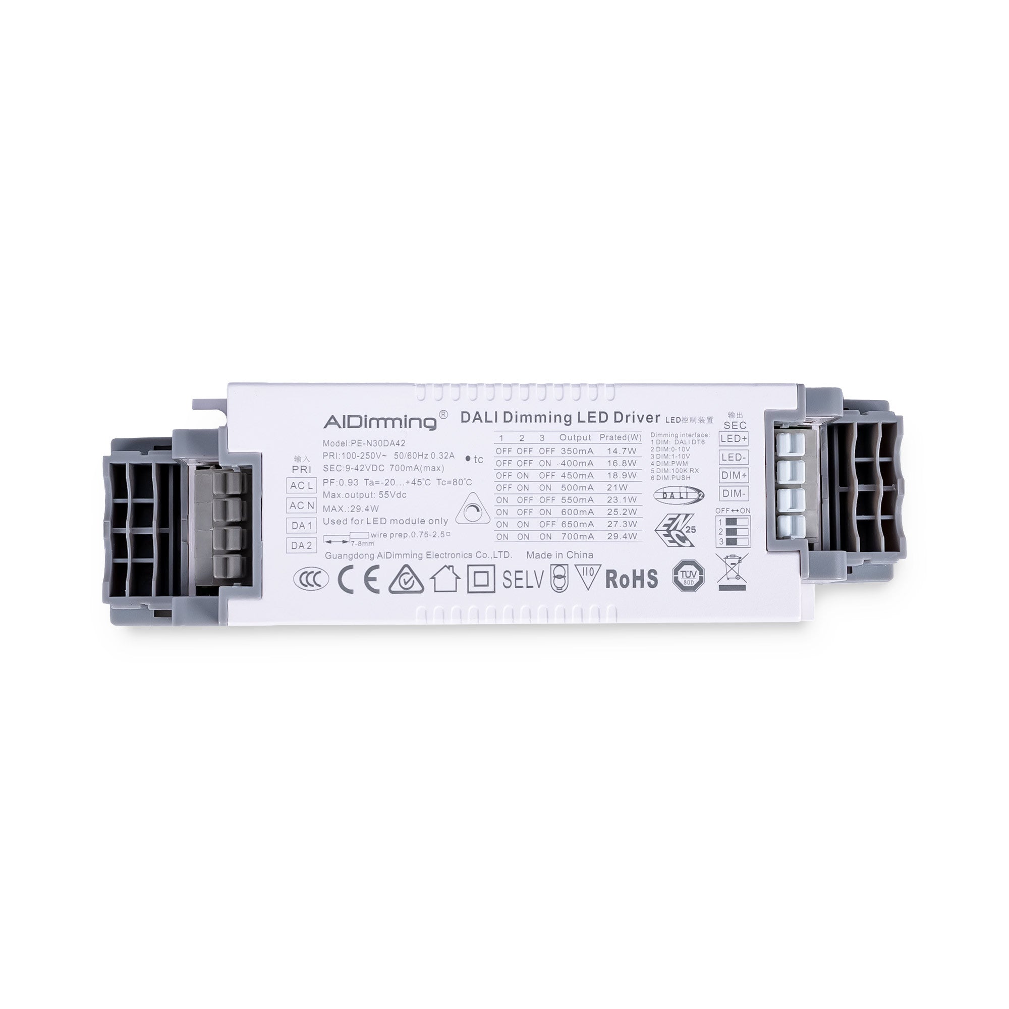 Driver regulable DALI + 1/0-10V + PUSH - 9-42V DC - Multicorriente (350-700mA)