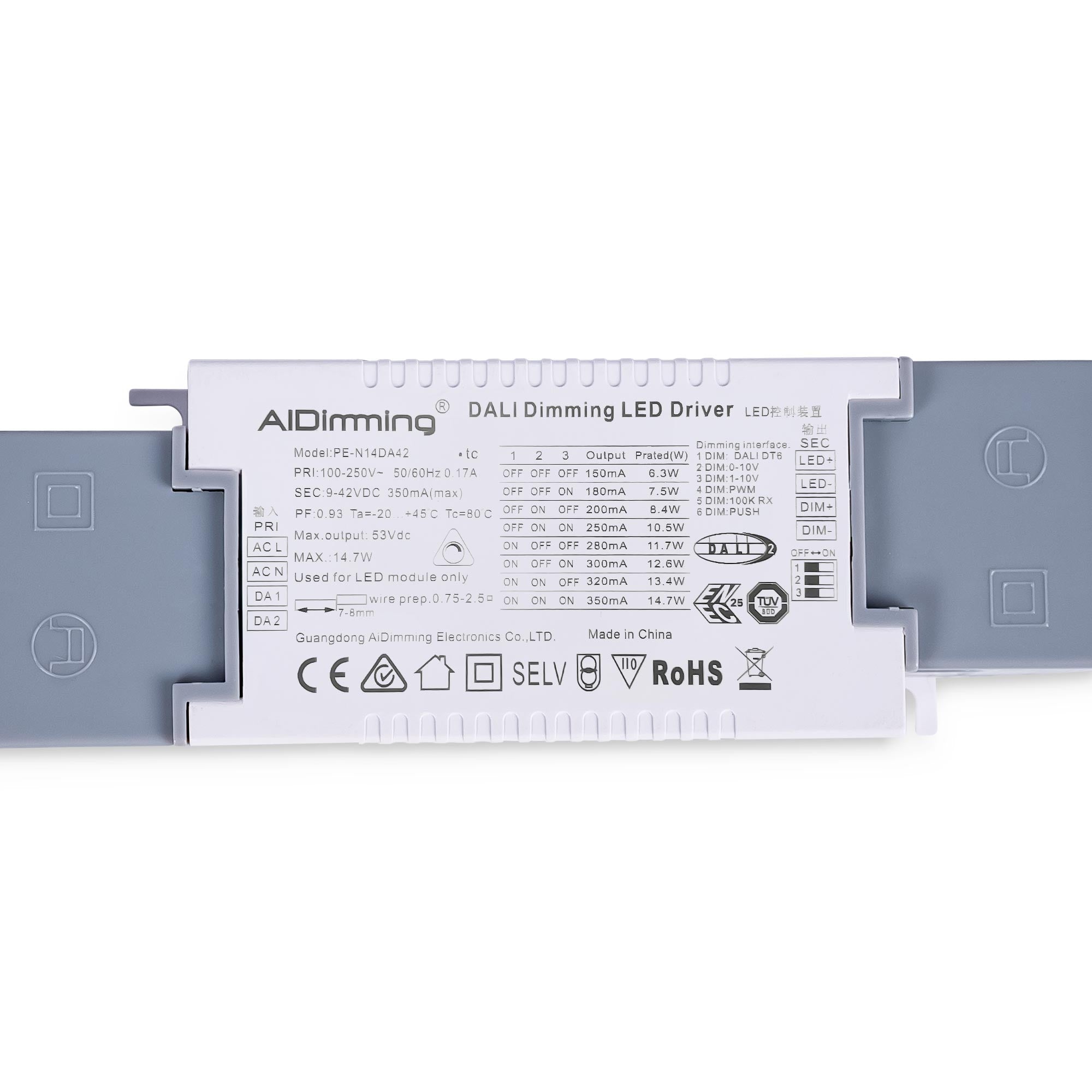 Driver regulable DALI + 1/0-10V + PUSH - 9-42V DC - Multicorriente (150-350mA)