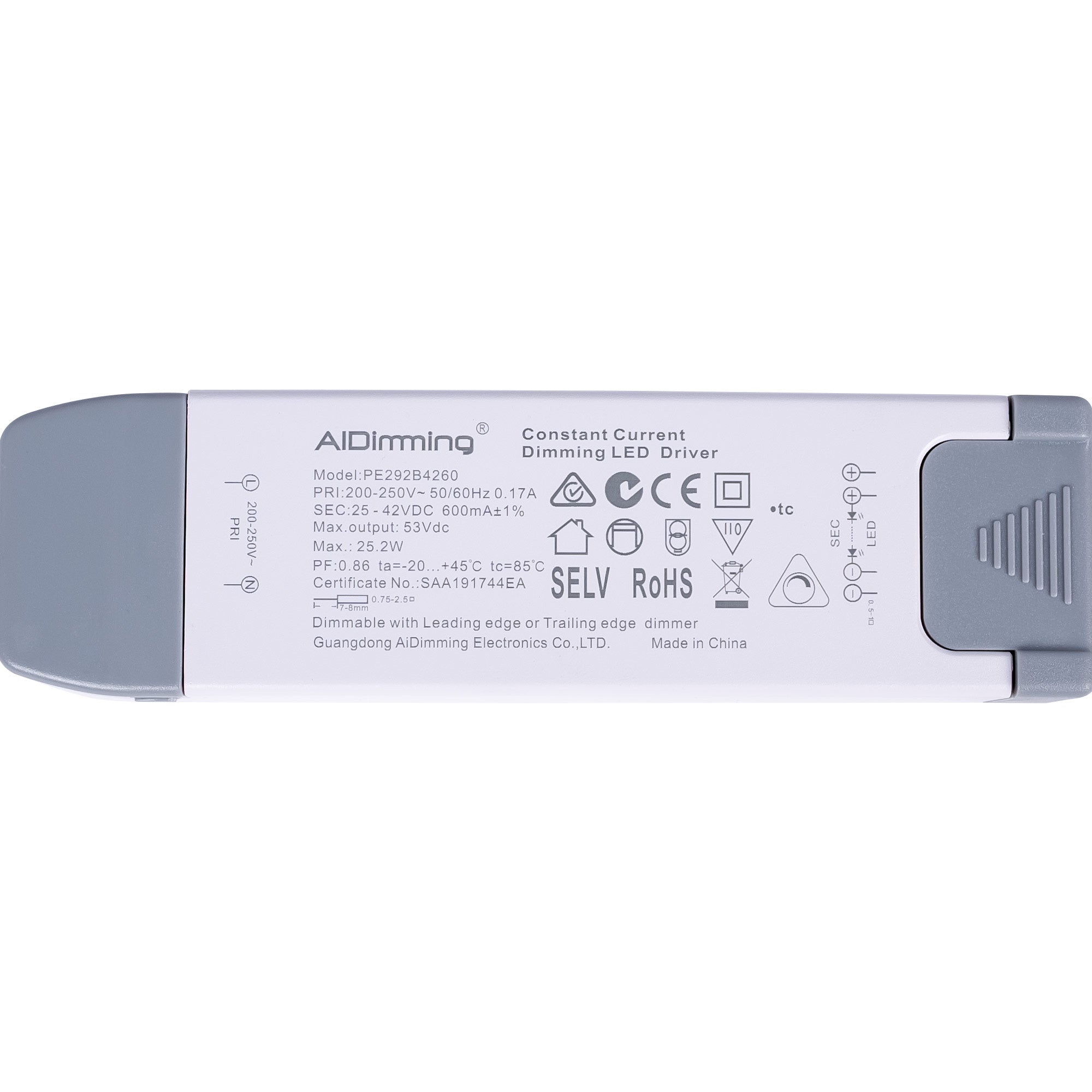 Driver regulable TRIAC 25-42V DC - 600mA - 25,2W