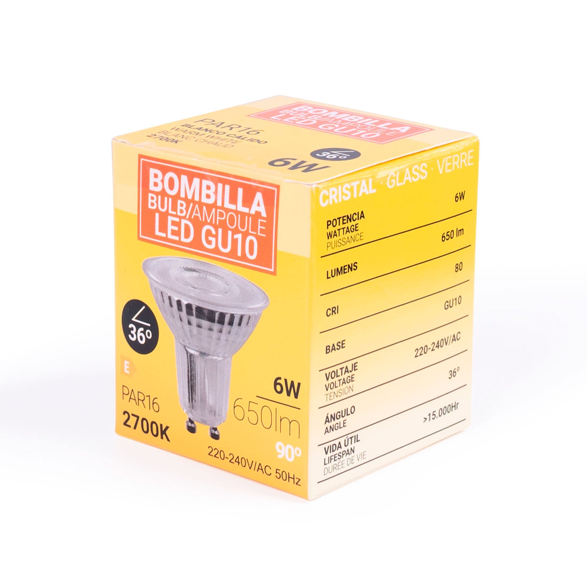 Bombilla LED GU10 6W cristal - 130lm/W - PAR16 - 36°
