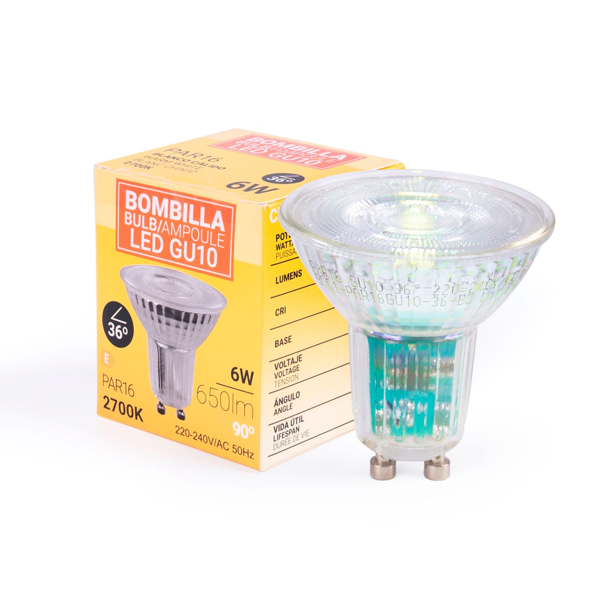 Bombilla LED GU10 6W cristal - 130lm/W - PAR16 - 36°