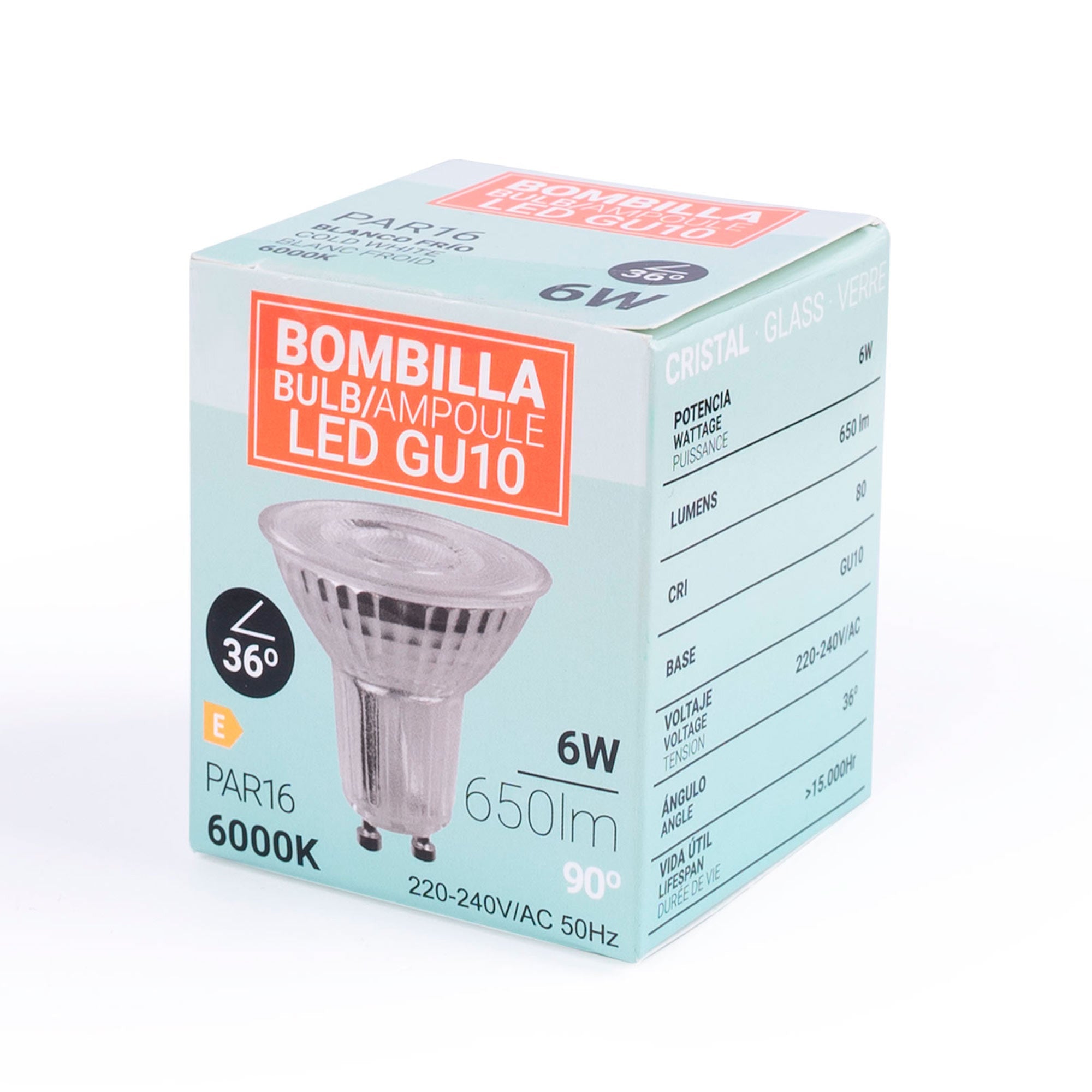 Bombilla LED GU10 6W cristal - 130lm/W - PAR16 - 36°