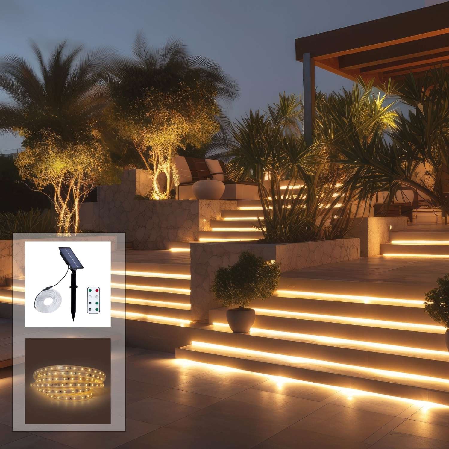 Tira LED solar exterior con mando 18W - 12mm - 5 metros - 2700K - IP65