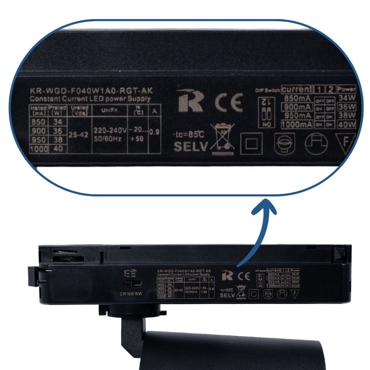 Proyector LED para carril monofásico CCT - 40W - CRI 90