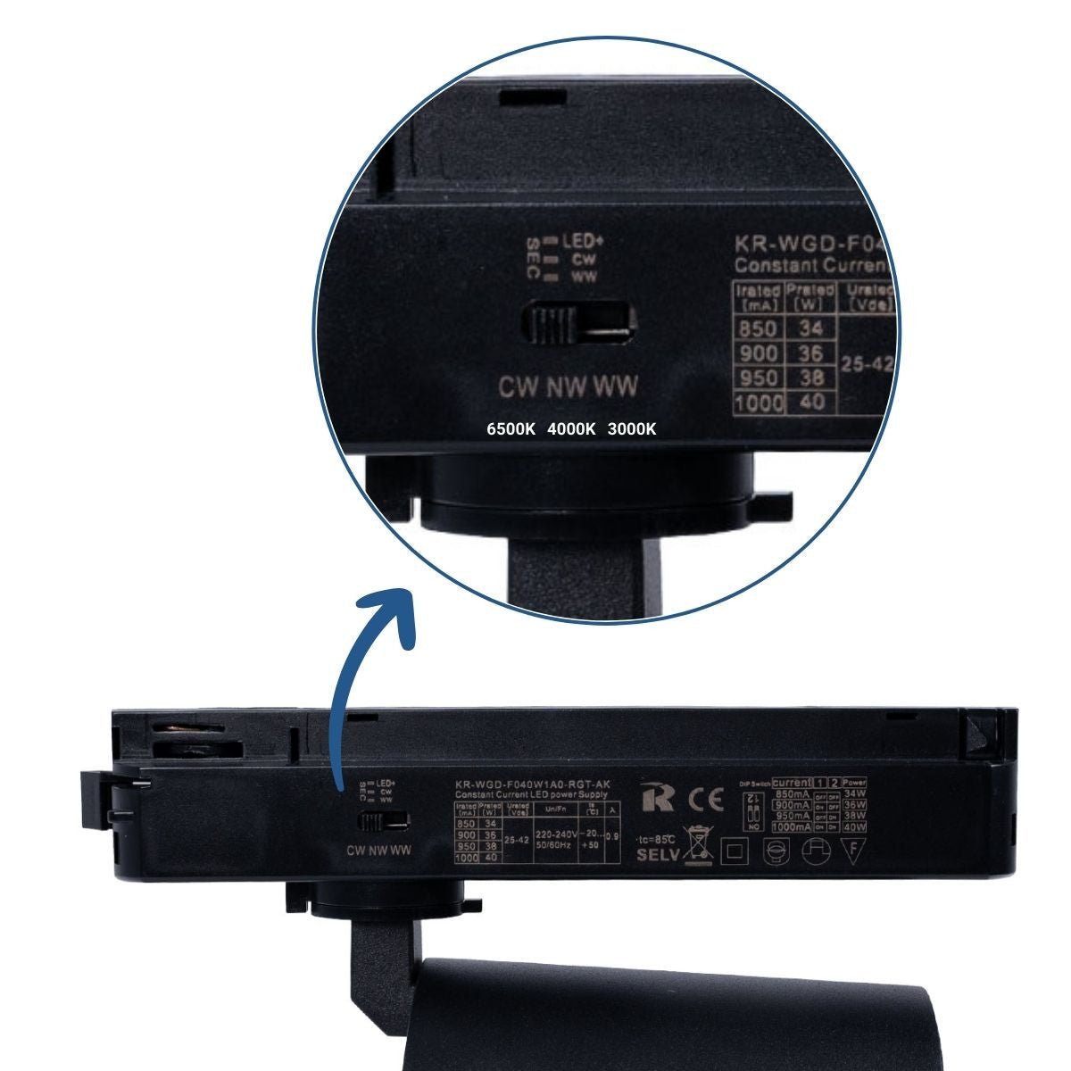 Proyector LED para carril monofásico CCT - 40W - CRI 90