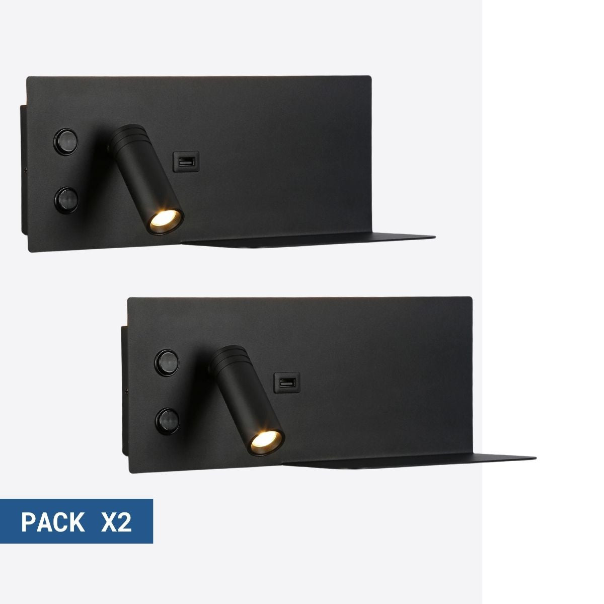 Pack x 2 - Aplique de pared para lectura con puerto USB "Kerta" - Iluminación doble - 3W+7W