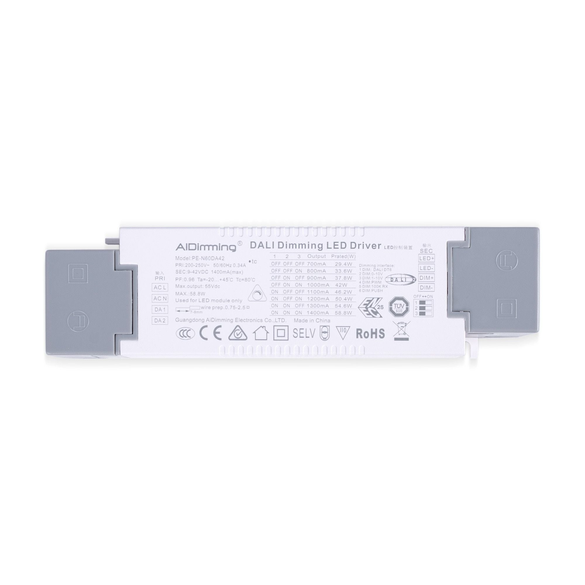 Driver regulable DALI + 1/0-10V + PUSH - 9-42V DC - 58W - Multicorriente (700-1400mA)