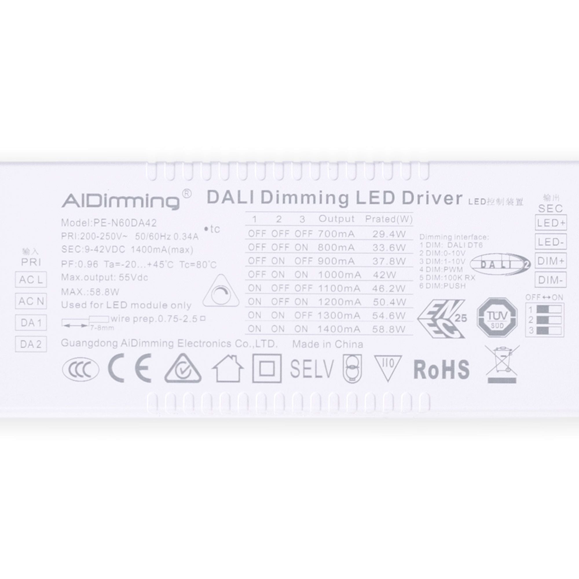Driver regulable DALI + 1/0-10V + PUSH - 9-42V DC - 58W - Multicorriente (700-1400mA)