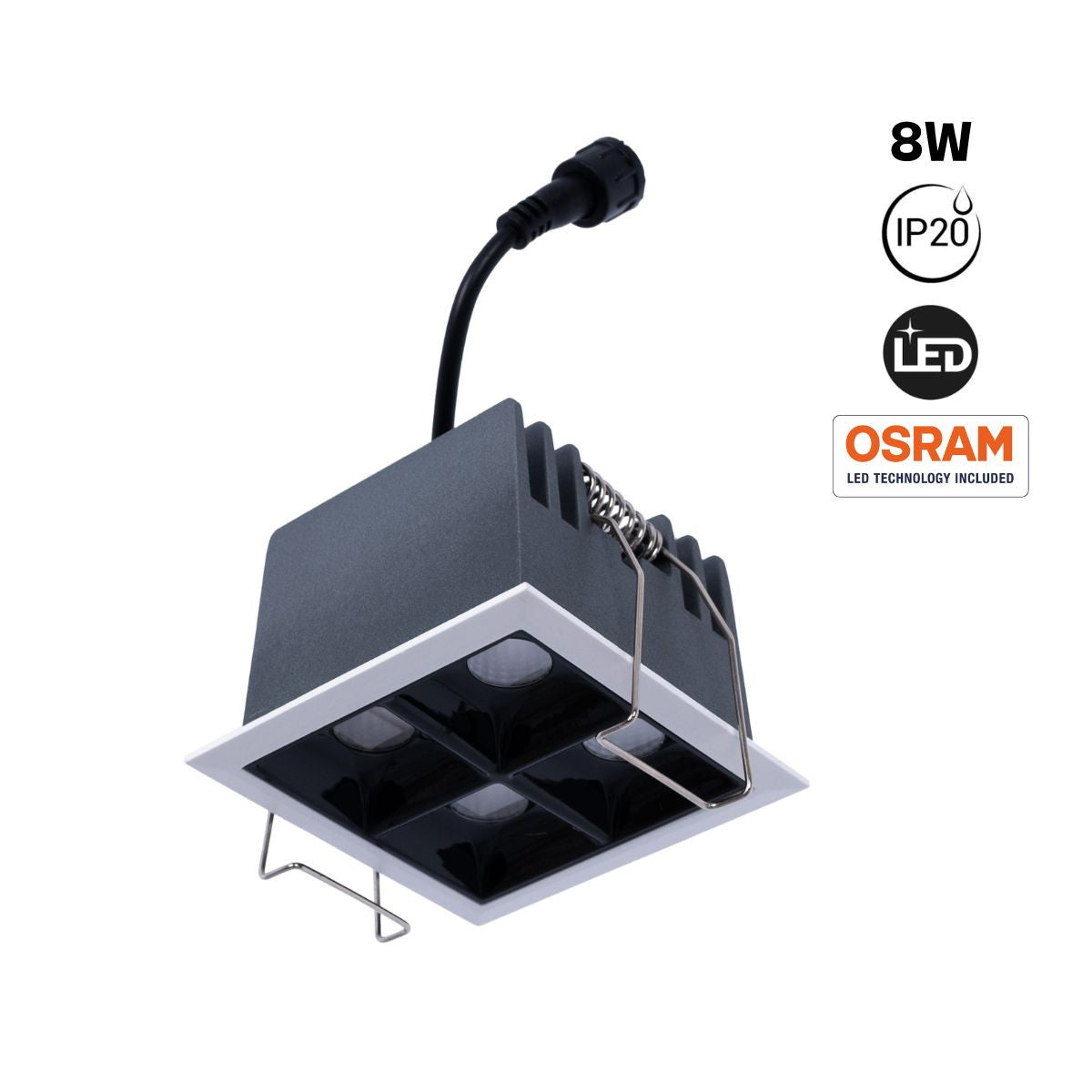 Downlight LED cuadrado empotrable 8W - 4 Focos - UGR18 - CRI90 - Chip OSRAM