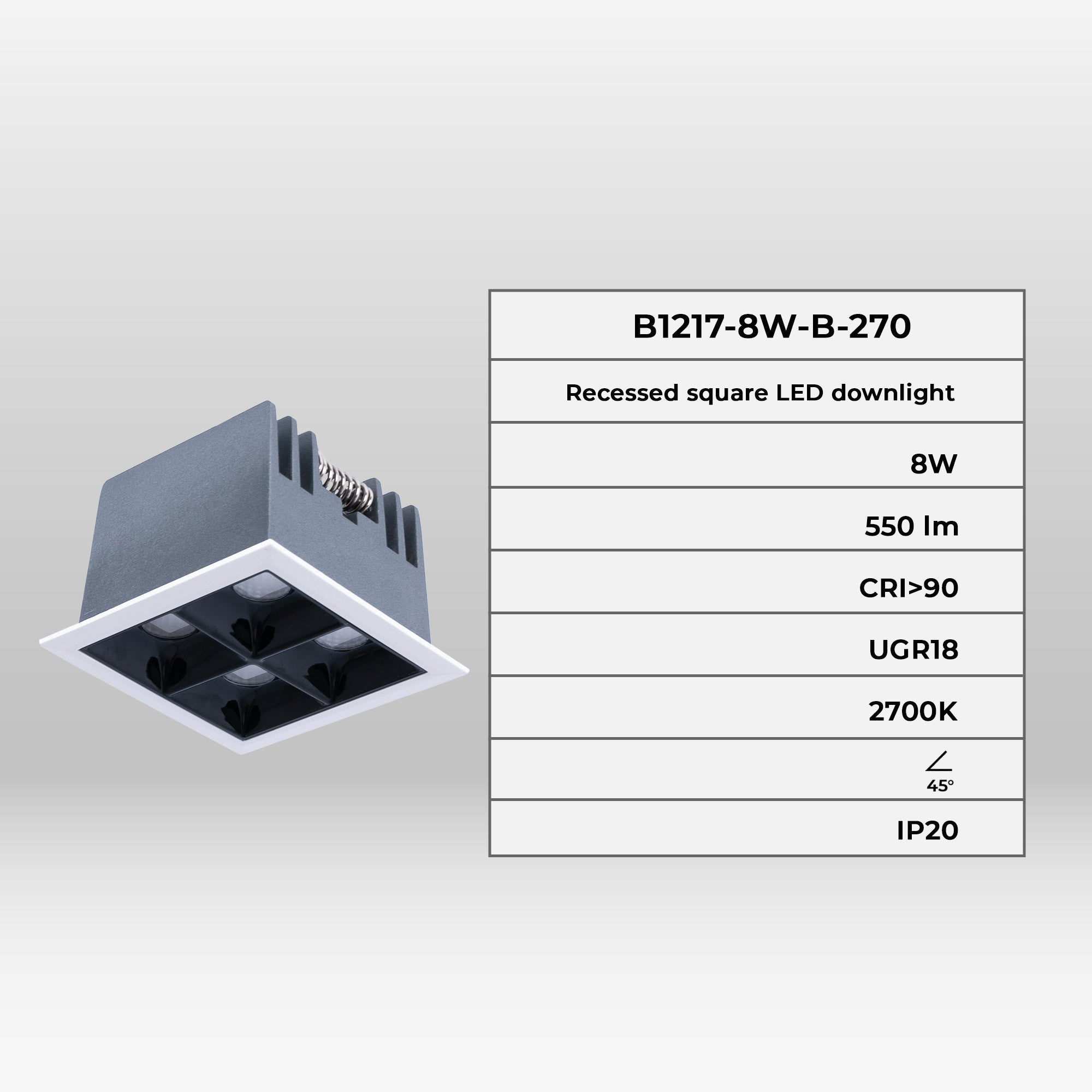 Downlight LED cuadrado empotrable 8W - 4 Focos - UGR18 - CRI90 - Chip OSRAM
