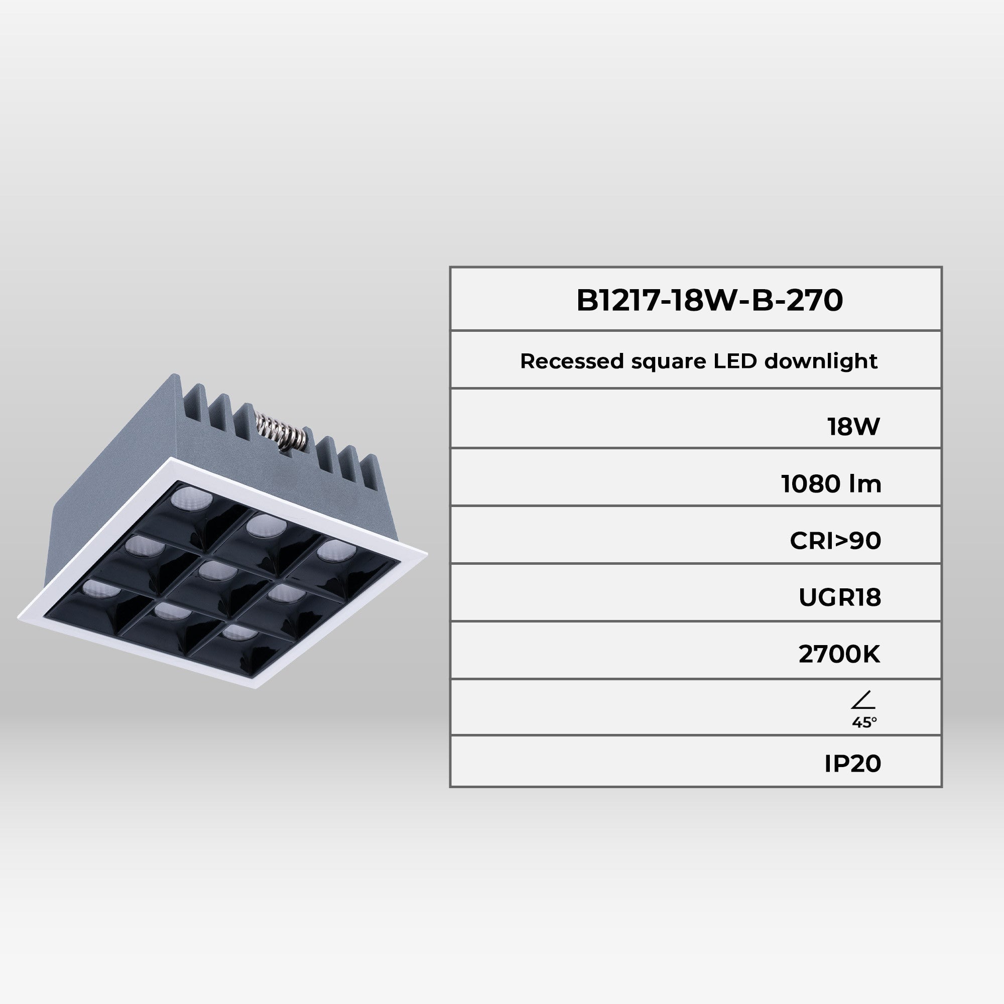Downlight LED cuadrado empotrable 18W - 9 Focos - UGR18 - CRI90 - Chip OSRAM