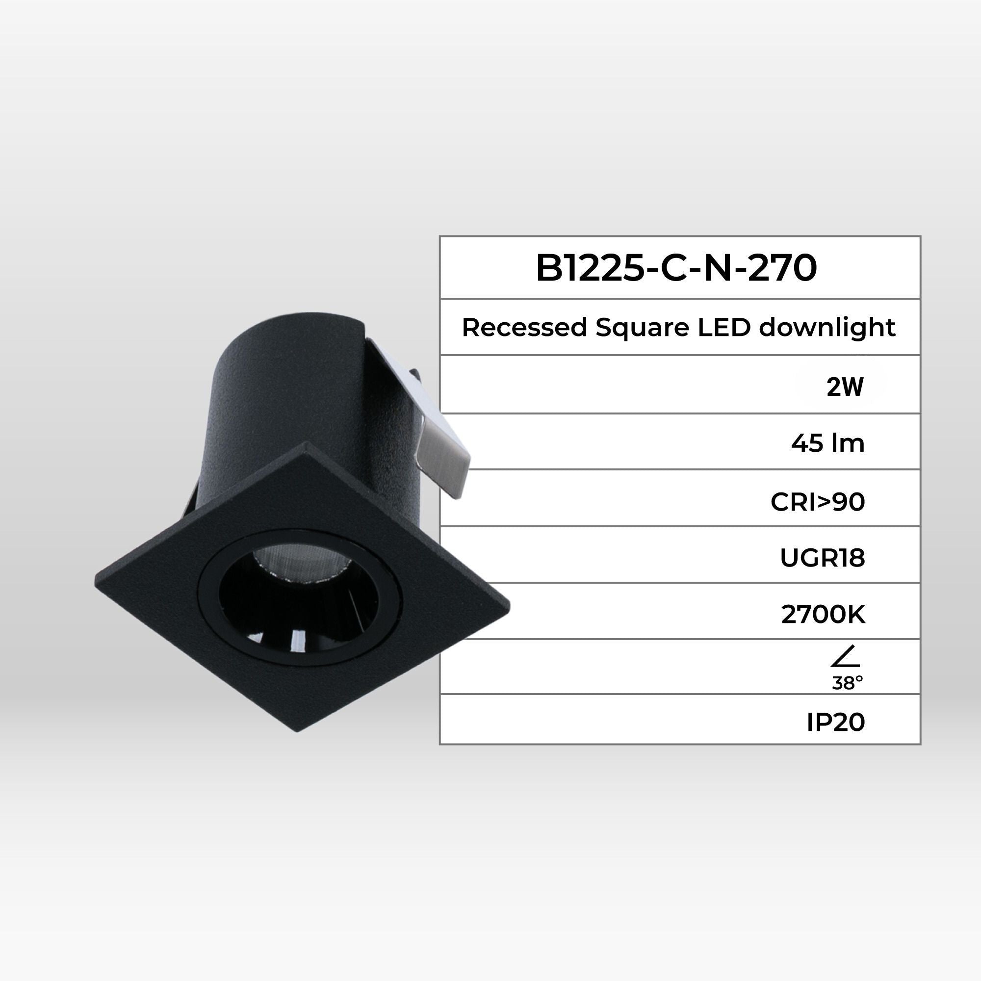 Downlight LED empotrable cuadrado 2W - Chip Osram - UGR18 -  Corte Ø 25mm - Negro