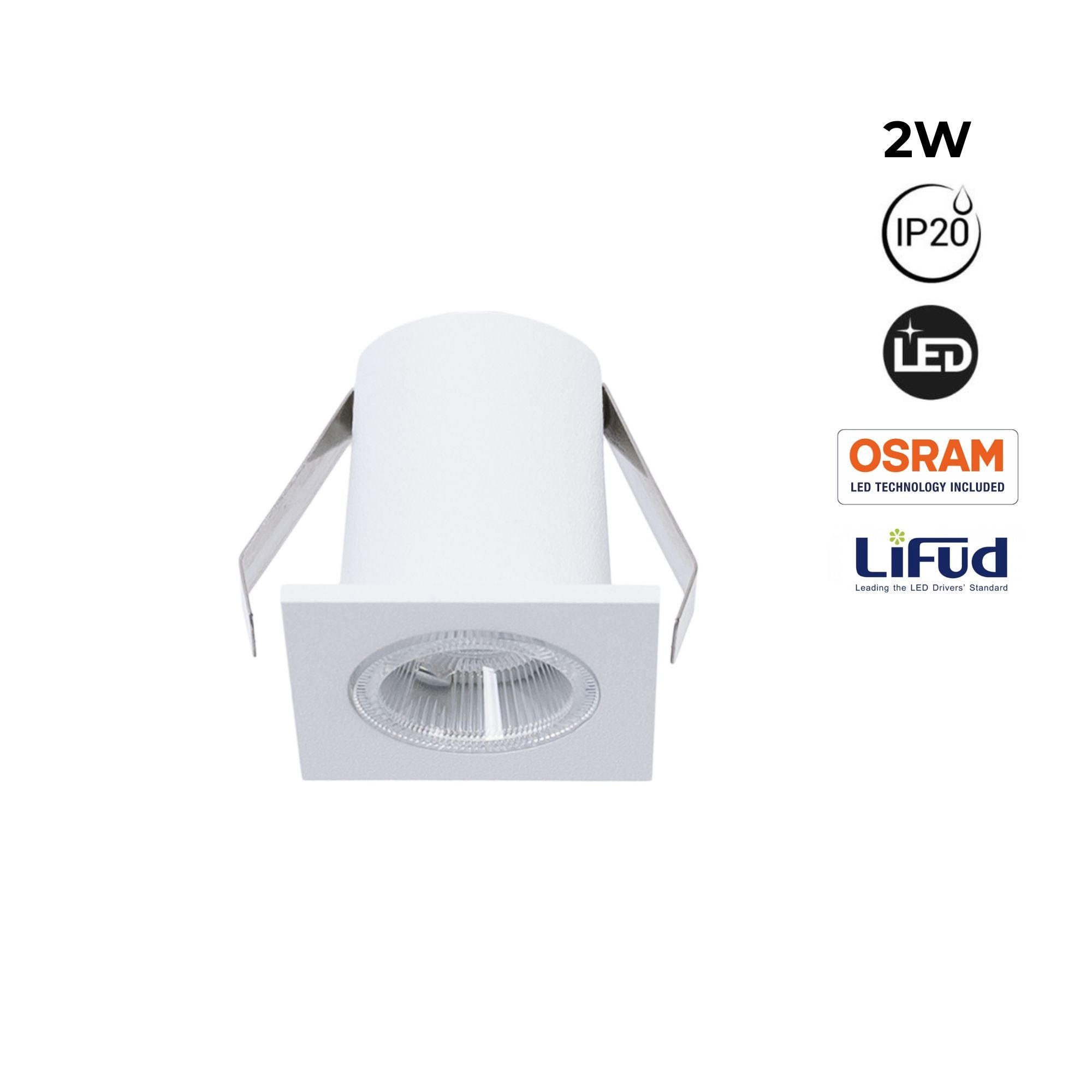 Downlight LED empotrable cuadrado 2W - Chip Osram - UGR18 -  Corte Ø 25mm - Blanco