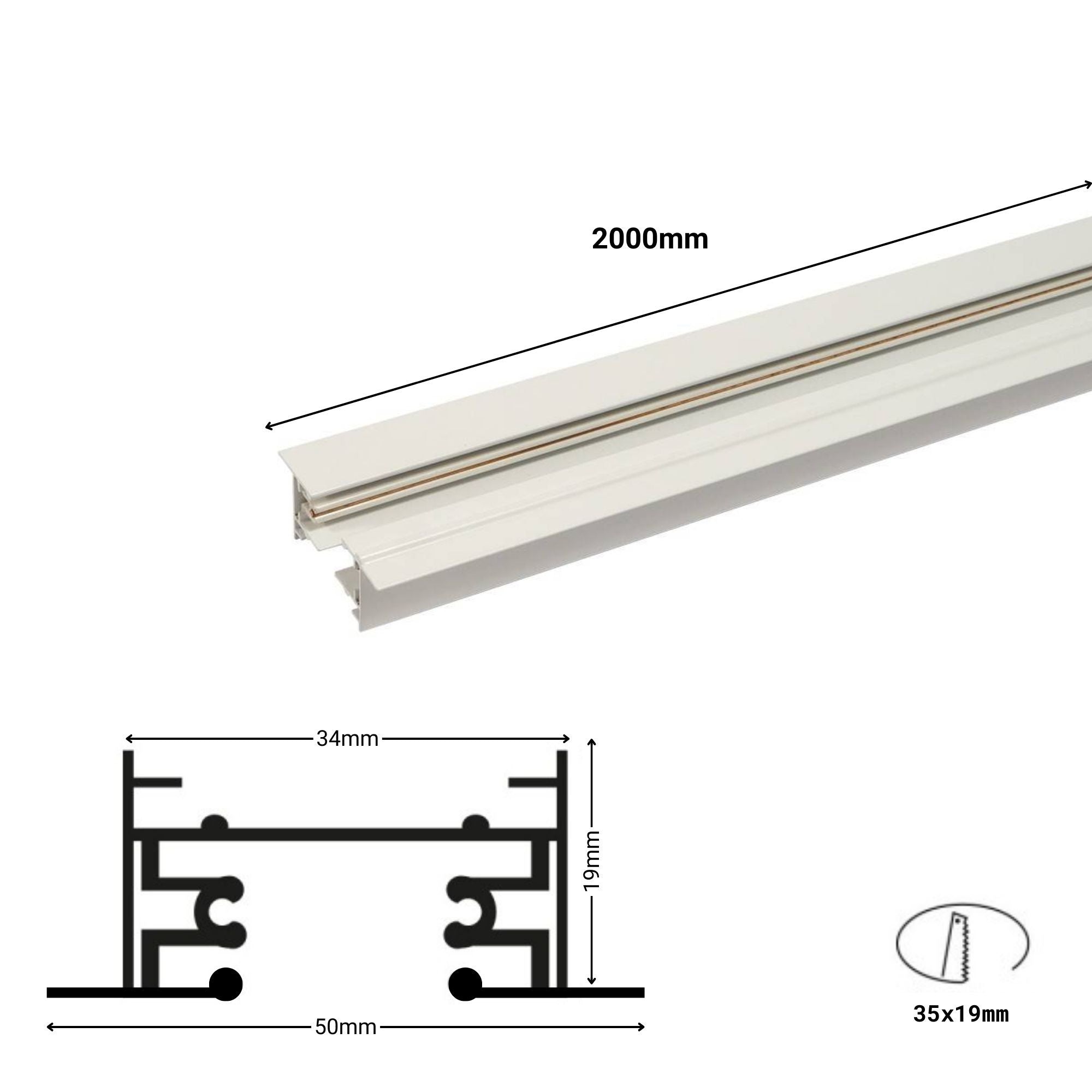 Carril monofásico empotrable para focos LED - barra 2 metros