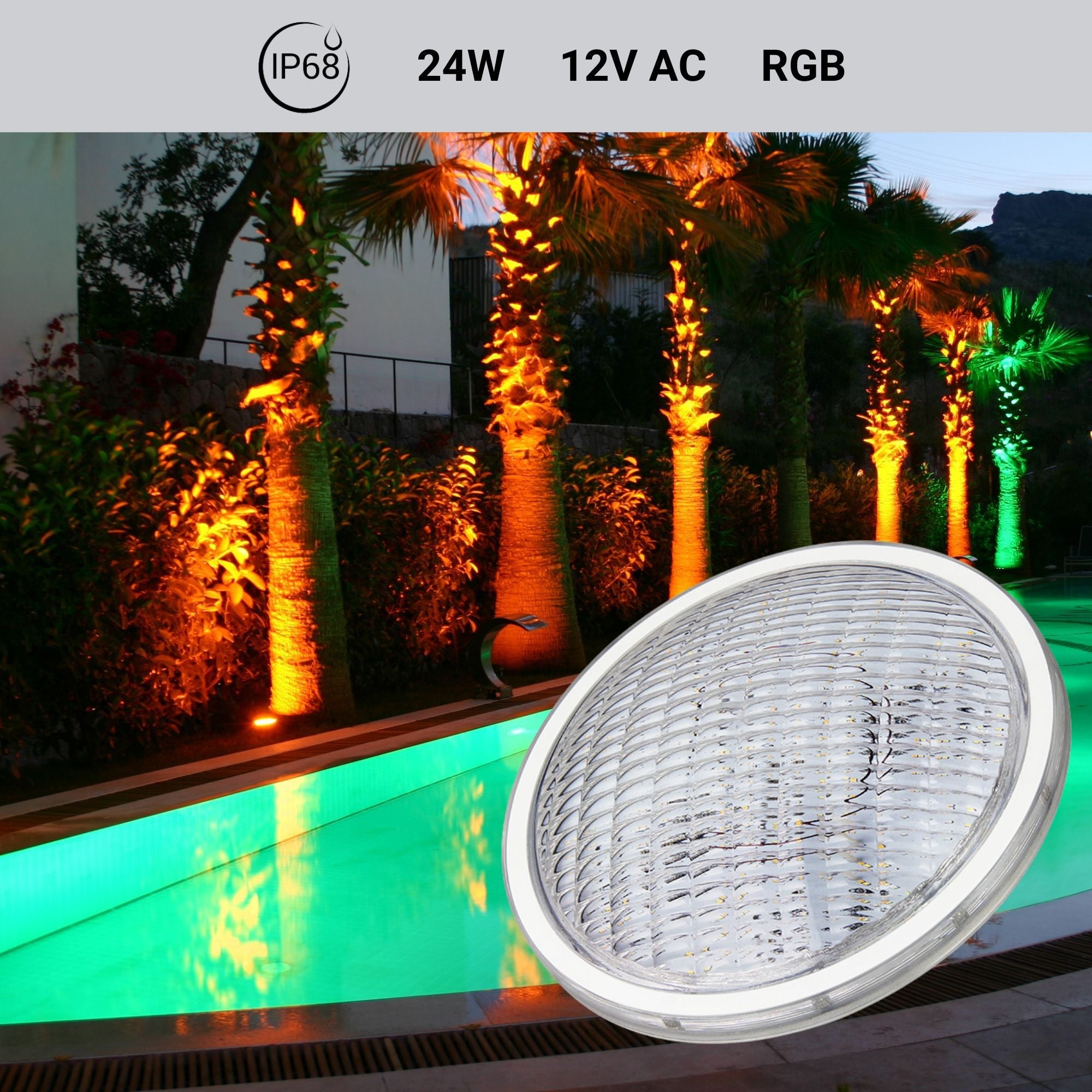 Bombilla LED para piscina PAR56 RGB 12V AC - 24W - Sumergible - Con mando - IP68