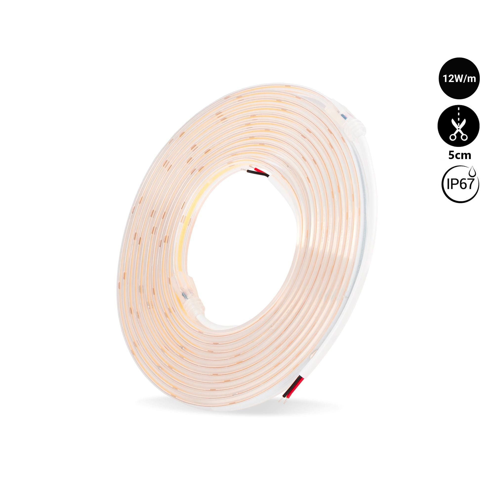 Tira LED COB 24V DC - 12W/m - 10mm - IP67 - Rollo de 5 metros - Corte cada 5cm