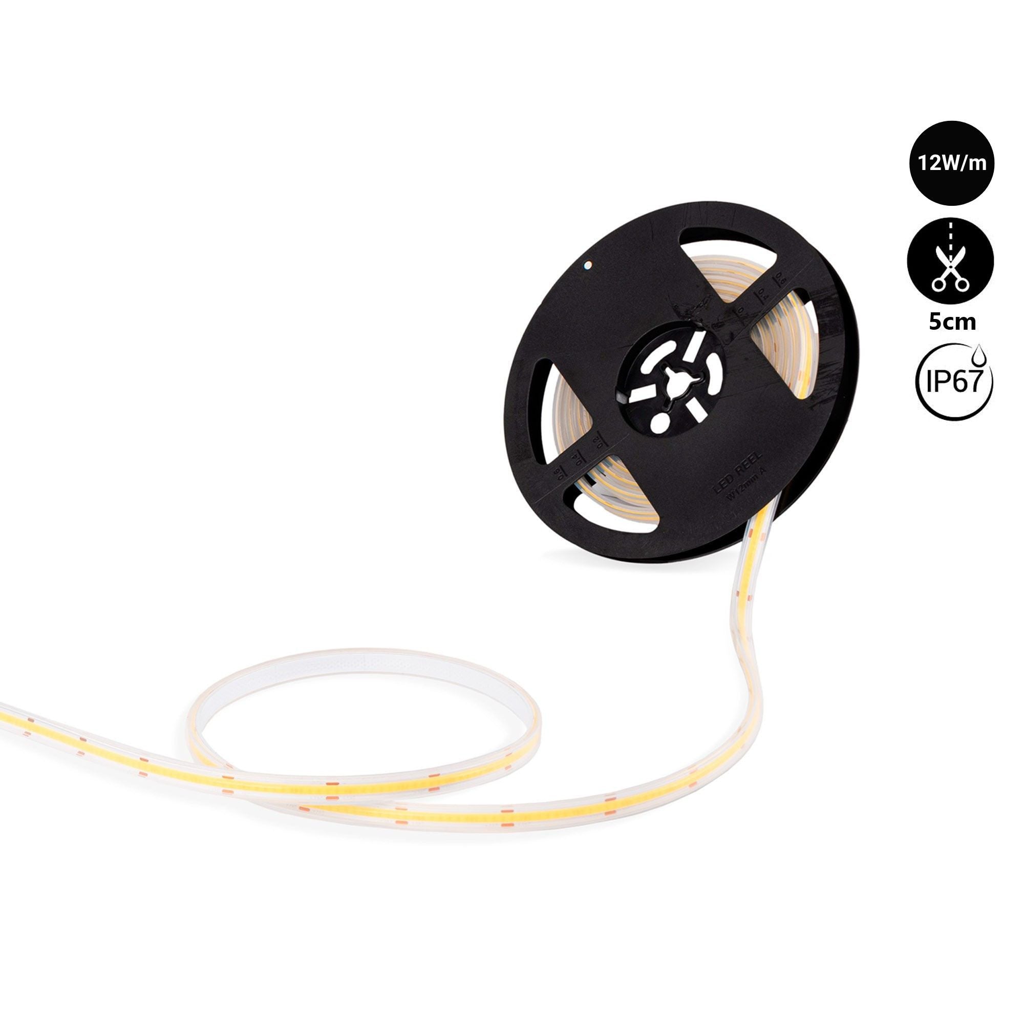 Tira LED COB 24V DC - 12W/m - 10mm - IP67 - Rollo de 5 metros - Corte cada 5cm