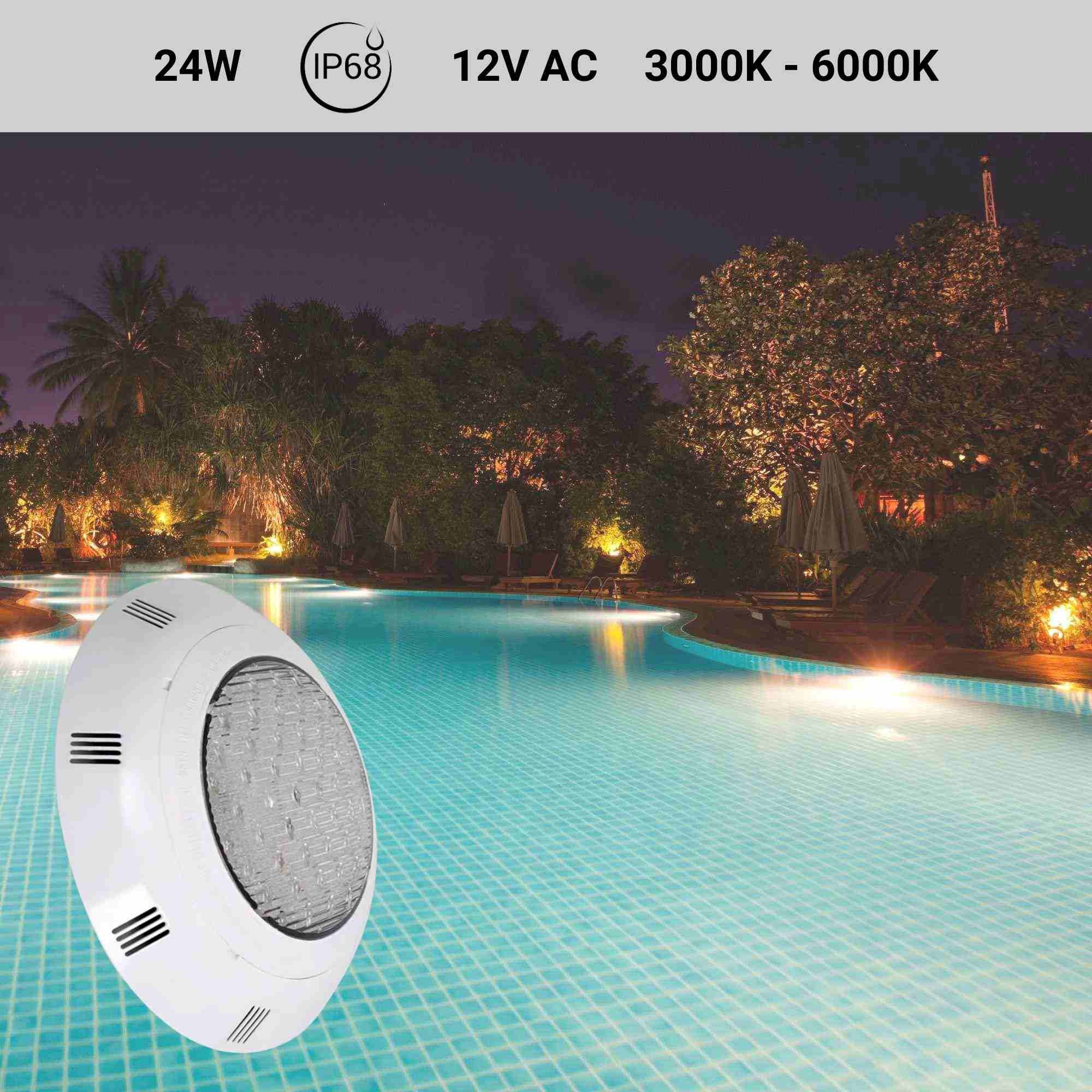 Foco LED para piscina de superficie 12V AC - 24W - Sumergible - IP68