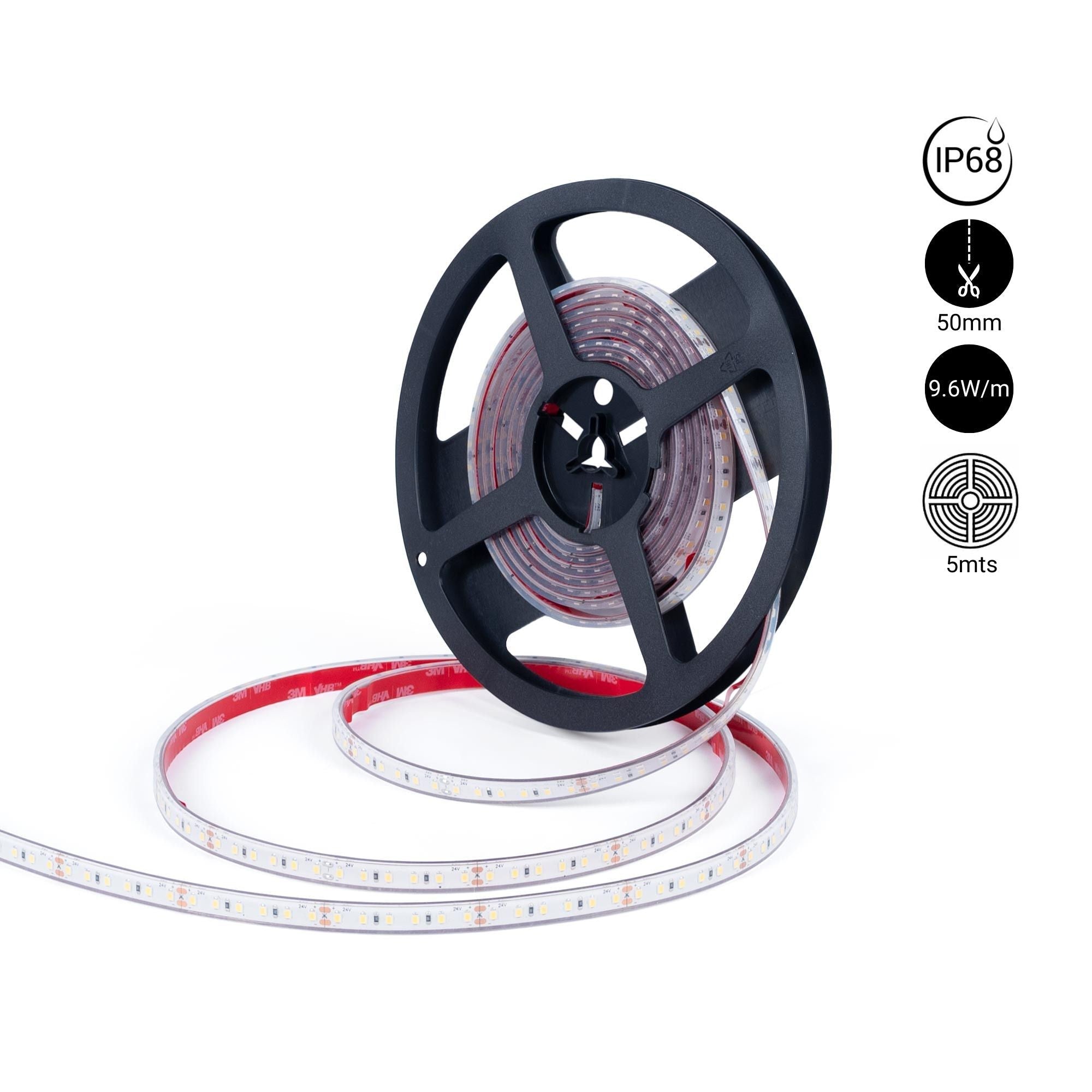 Tira LED 24V DC sumergible - Monocolor - 9.6W/m - 10mm - IP68 - 5 metros - 120ch/m