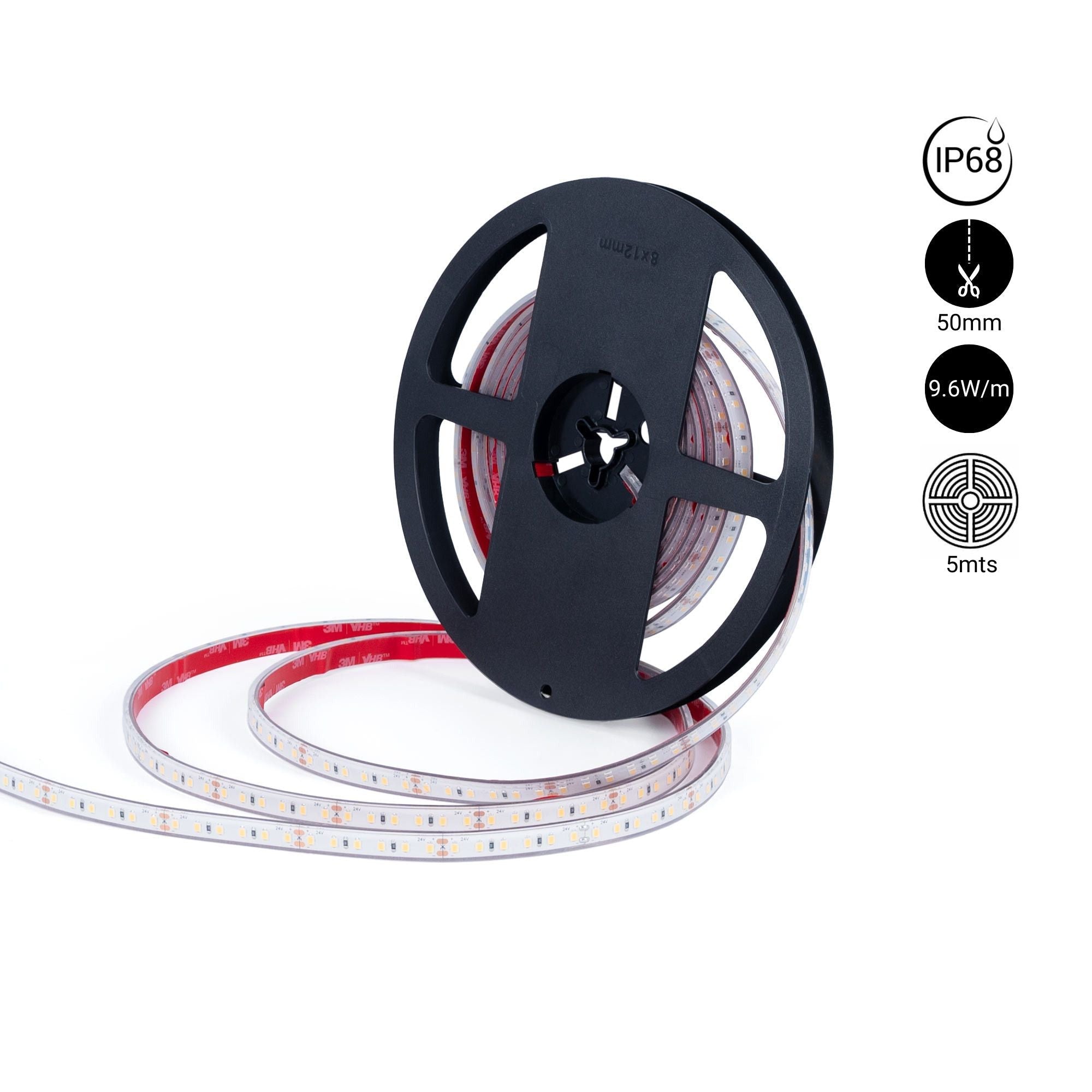 Tira LED 24V DC sumergible - Monocolor - 9.6W/m - 10mm - IP68 - 5 metros - 120ch/m