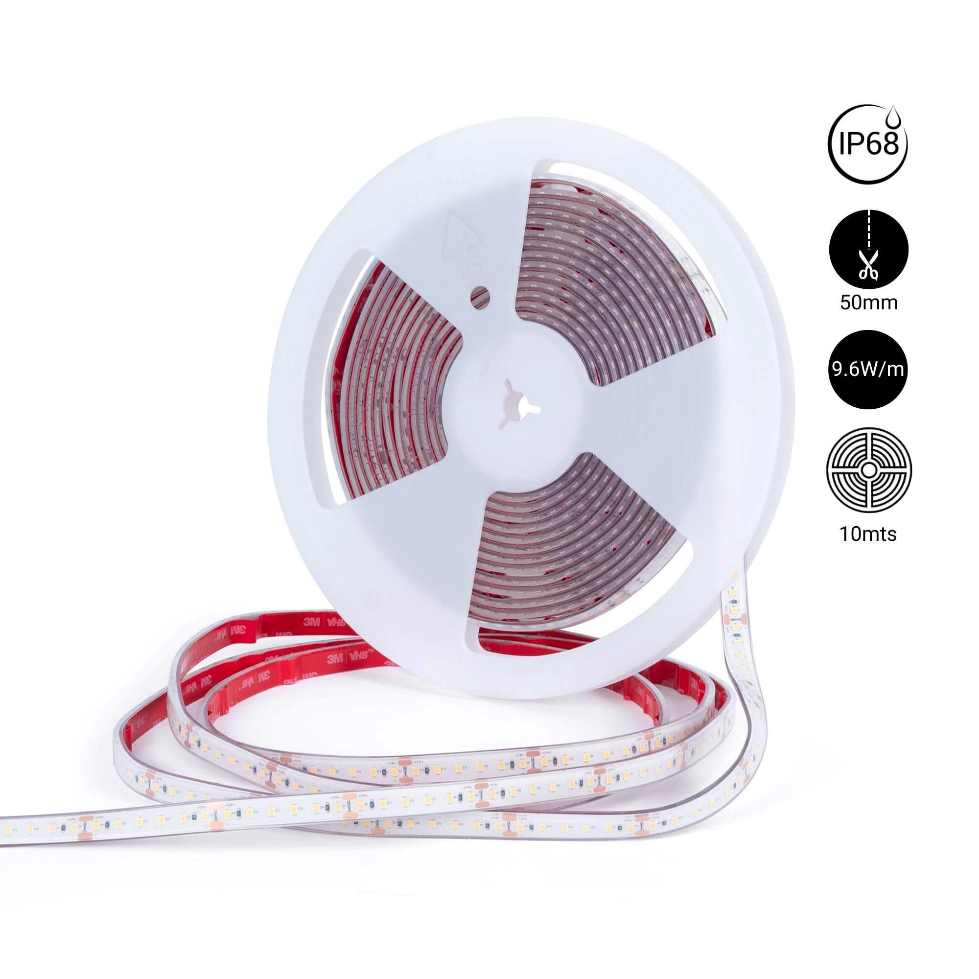 Tira LED 24V DC sumergible - Monocolor - 9.6W/m - 12mm - IP68 - 10 metros - 120ch/m