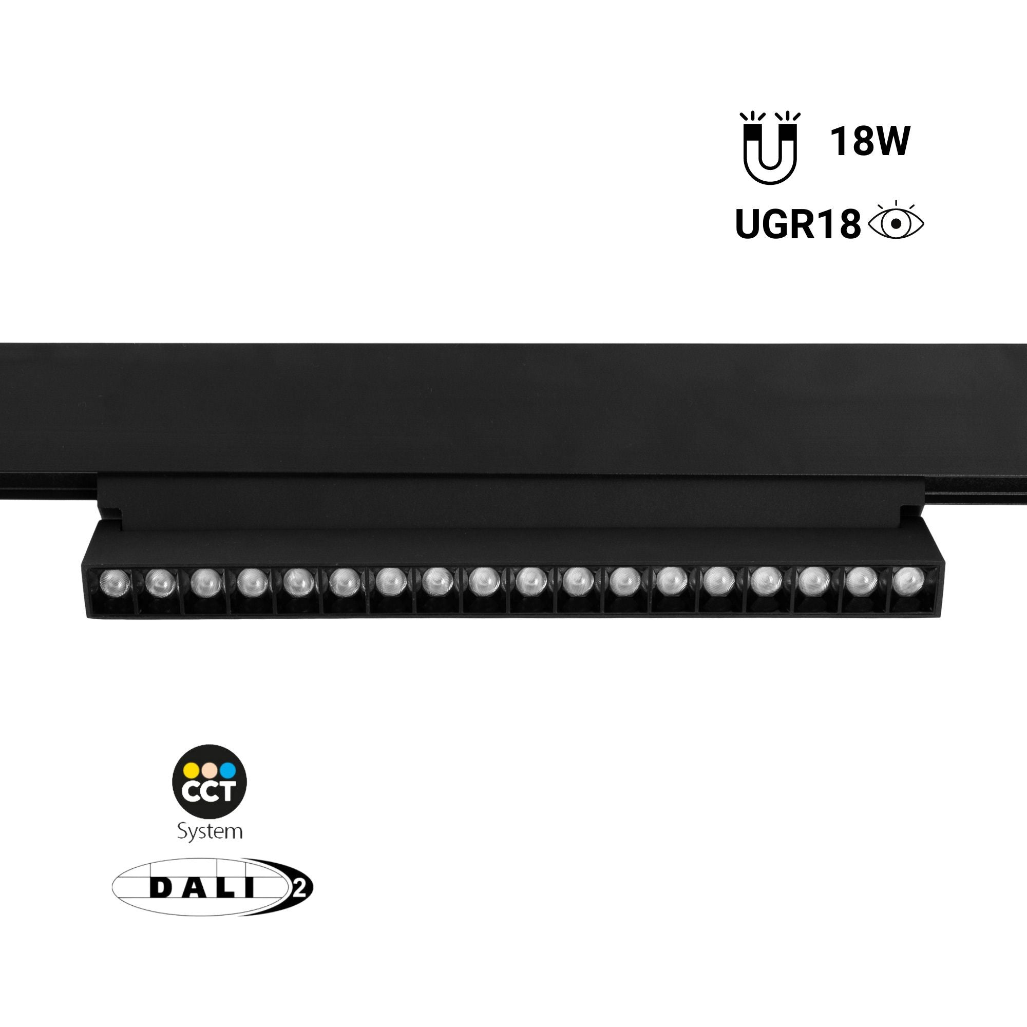 Foco lineal orientable para carril magnético 48V CCT - 18W - Regulación DALI-2 - UGR18