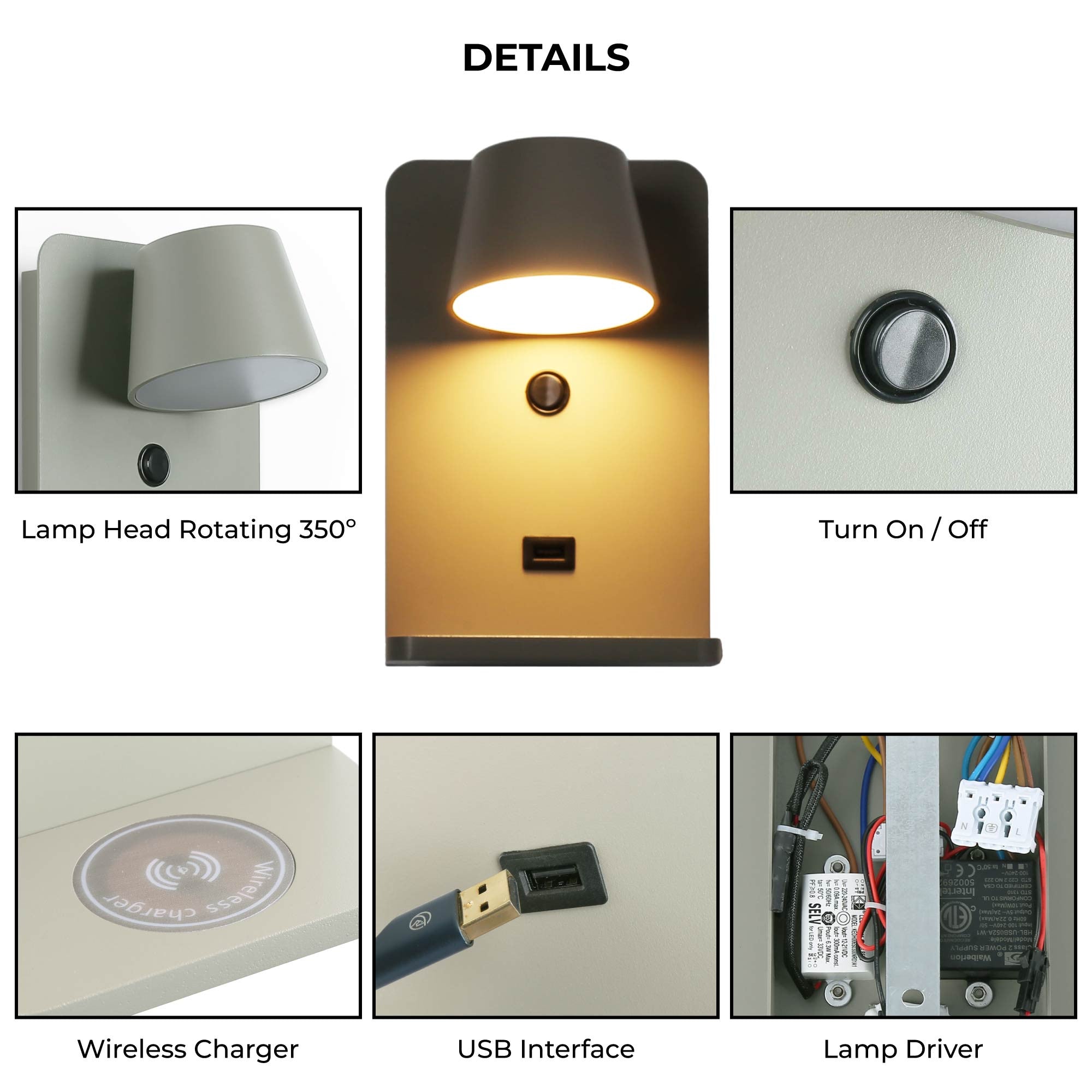 Aplique de pared para lectura con puerto USB "BASKOP W" - 6W - Base carga inalámbrica