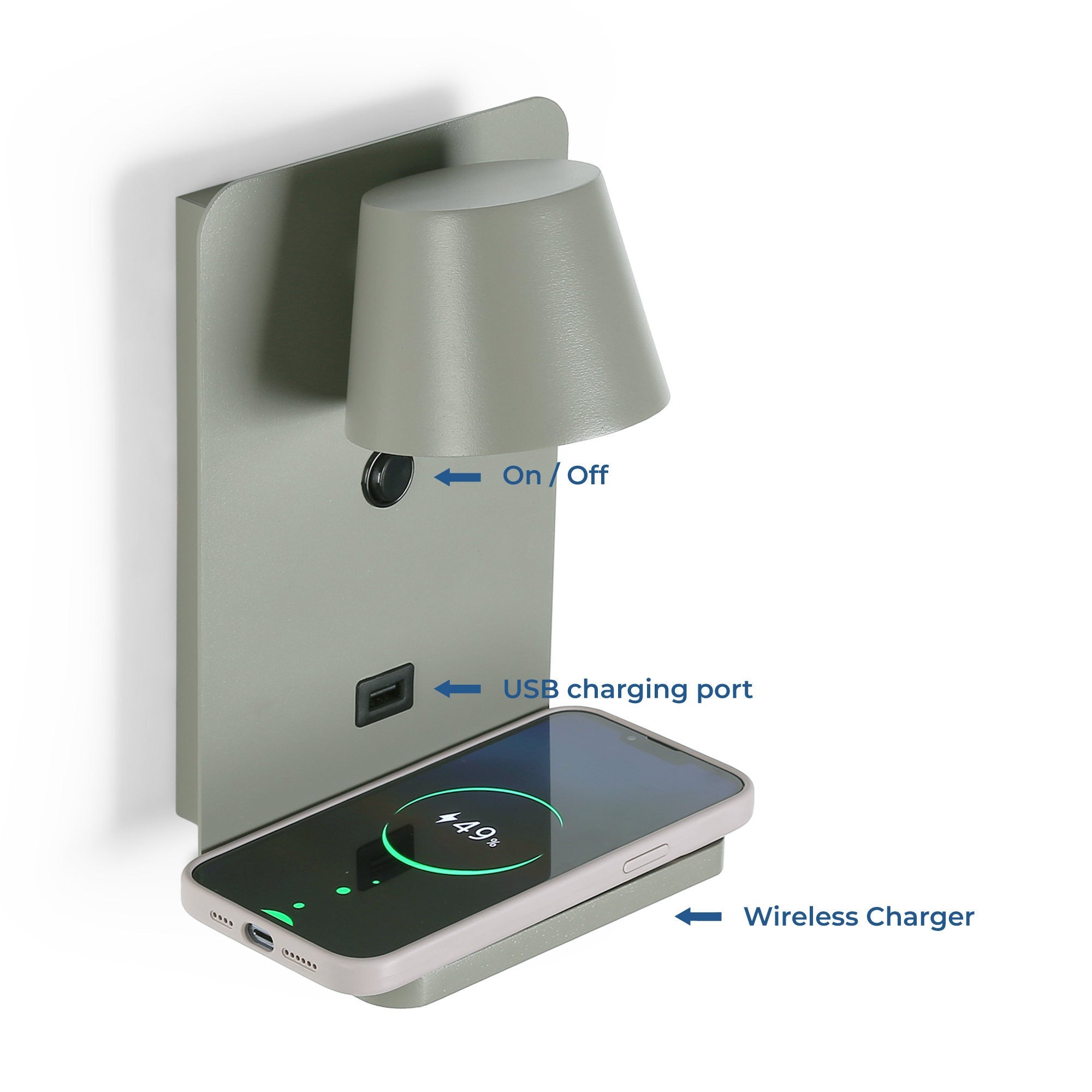 Aplique de pared para lectura con puerto USB "BASKOP W" - 6W - Base carga inalámbrica