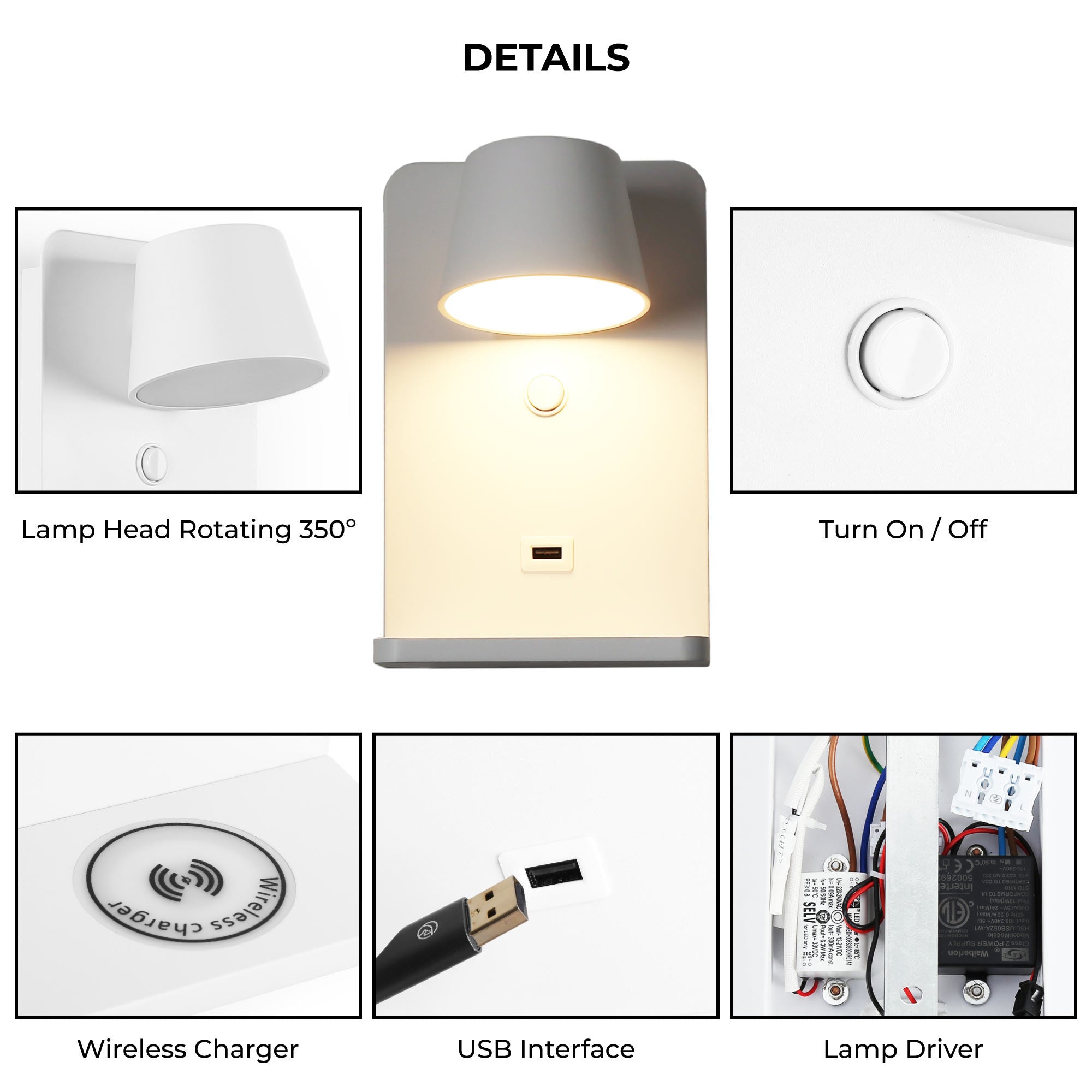 Aplique de pared para lectura con puerto USB "BASKOP W" - 6W - Base carga inalámbrica